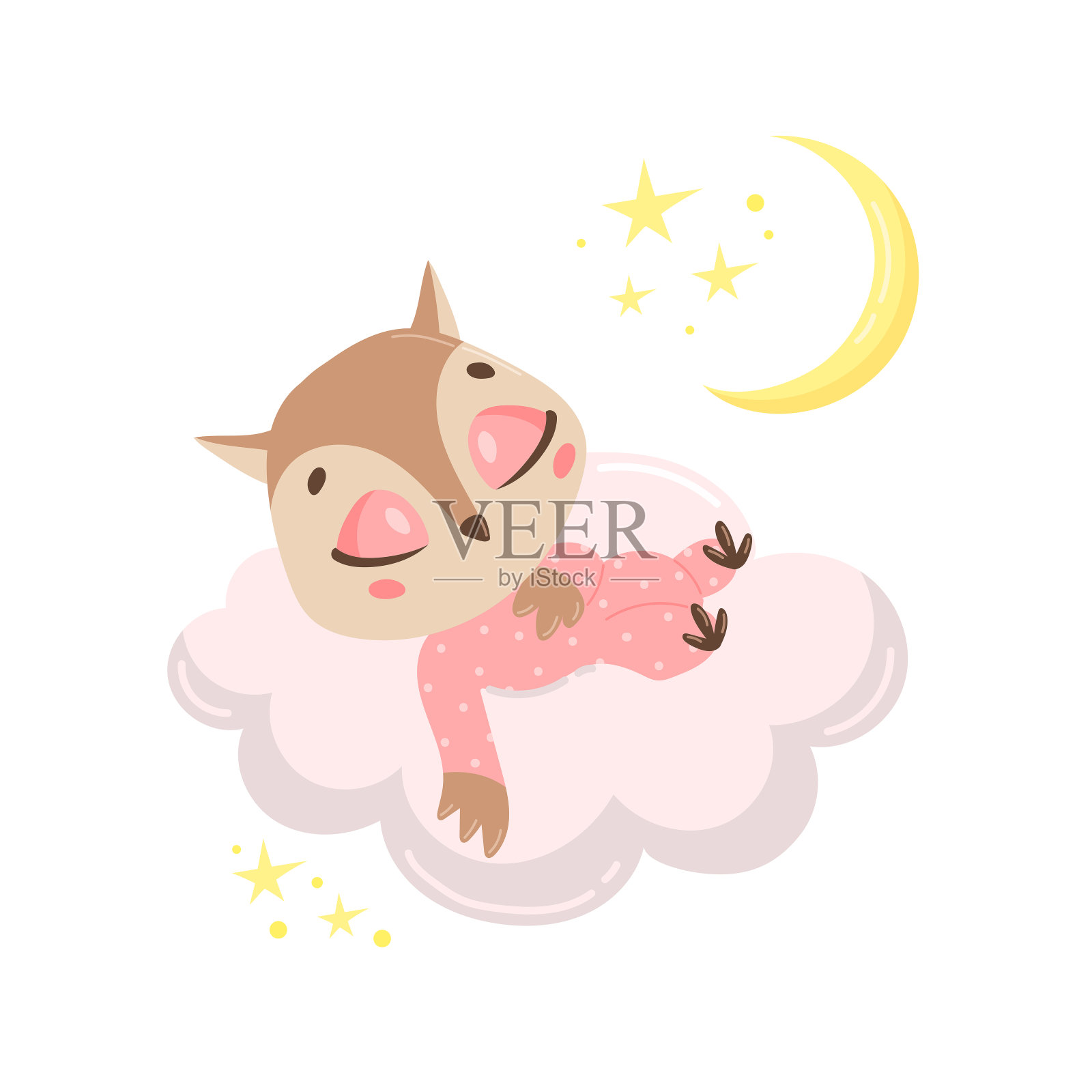 一个可爱的卡通猫头鹰在云上睡觉的矢量插图。小动物们在睡觉。插画图片素材