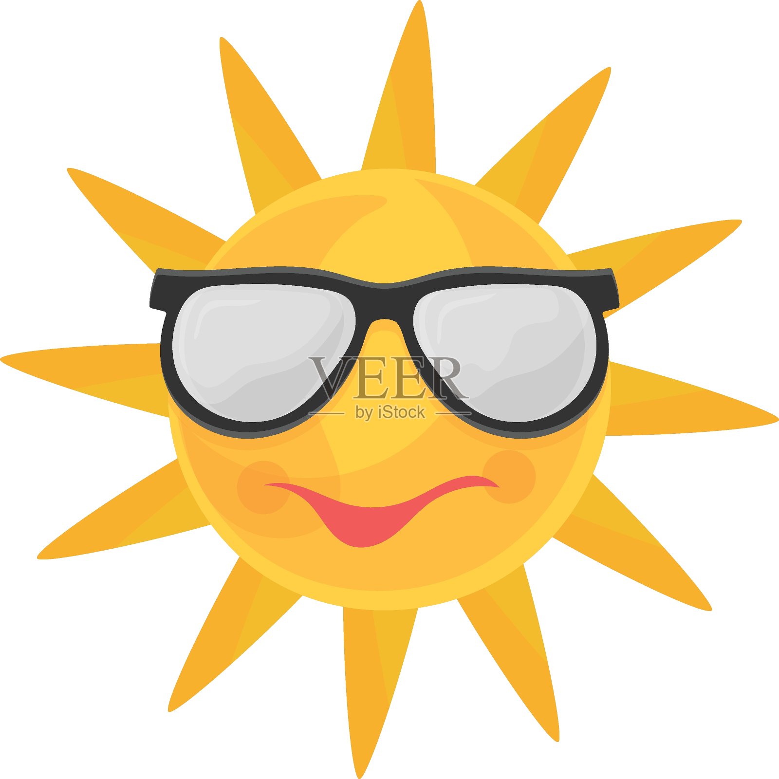 太阳戴太阳镜概念，黄色面部表情Smileys矢量图标设计，夏季春季活动符号，炎热天气标志，最热的季节元素股票插图插画图片素材