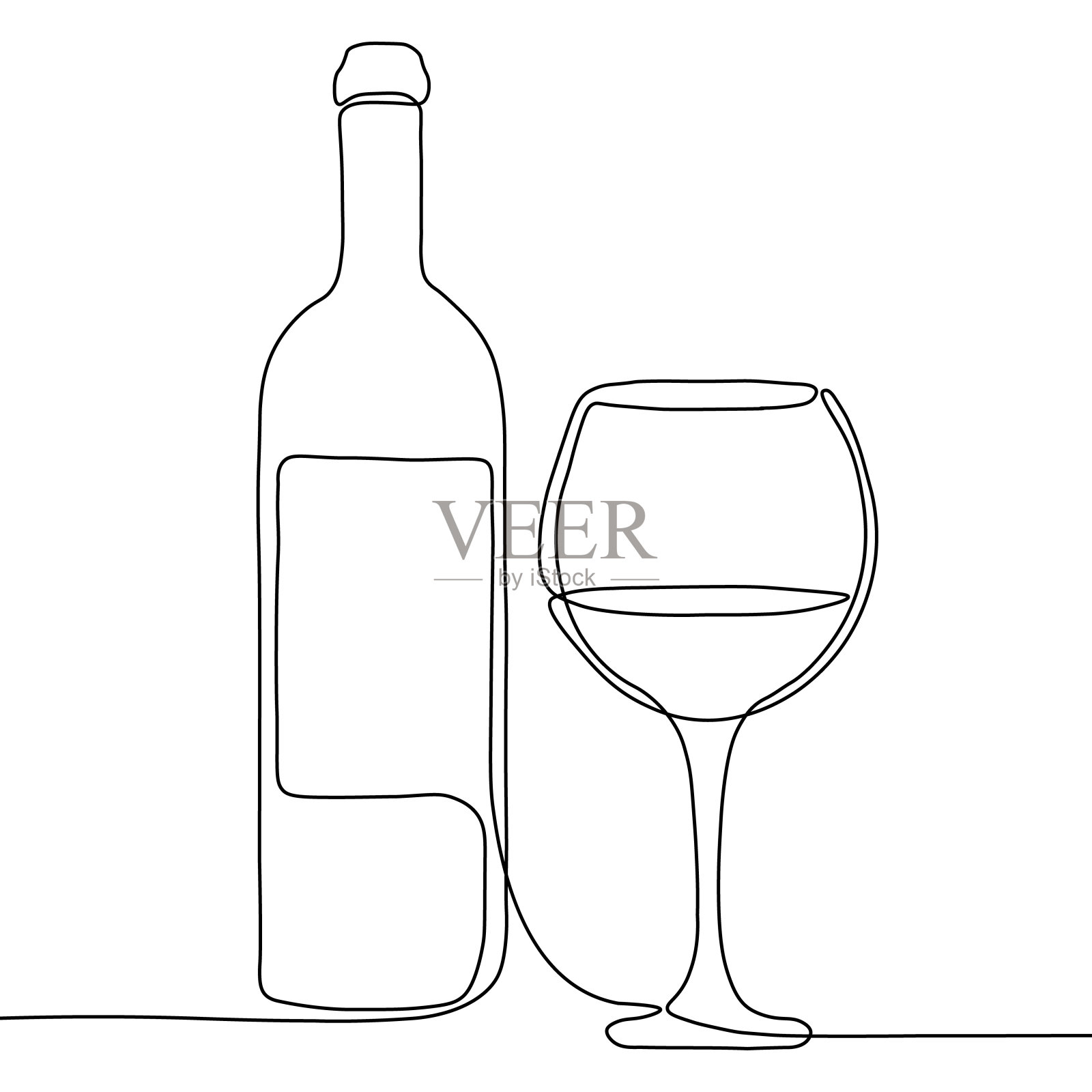 连续的一条线画，酒瓶和酒杯被隔离在白色的背景上。矢量插图。白色背景上的黑色线条艺术。插画图片素材