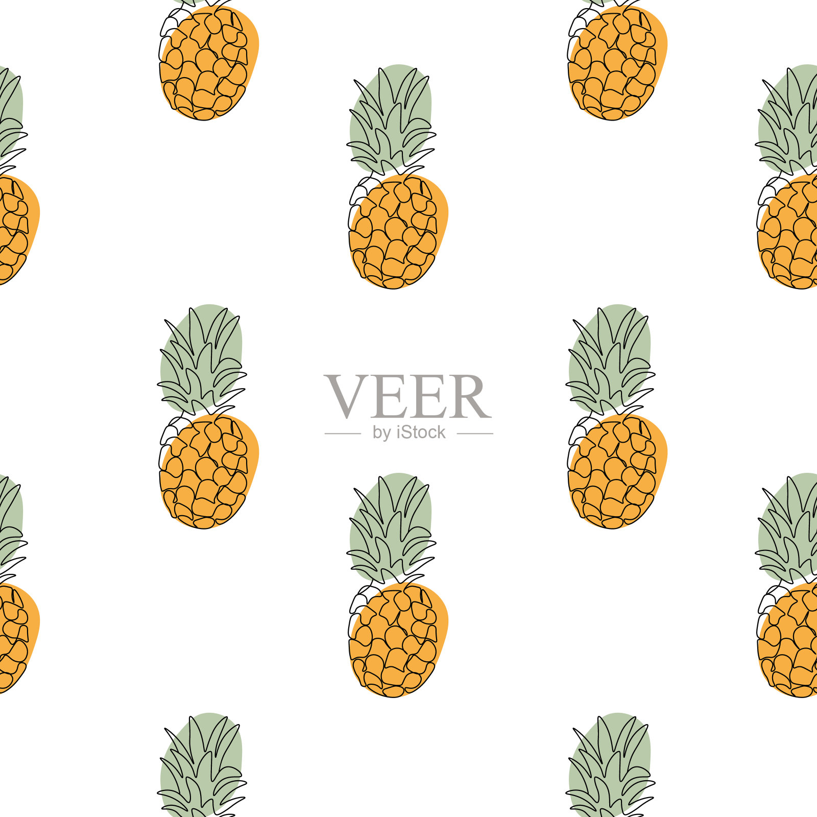 无缝图案与菠萝在白色的背景。连续一行画菠萝。黑色线条艺术在白色的背景和彩色的斑点。素食主义的概念插画图片素材