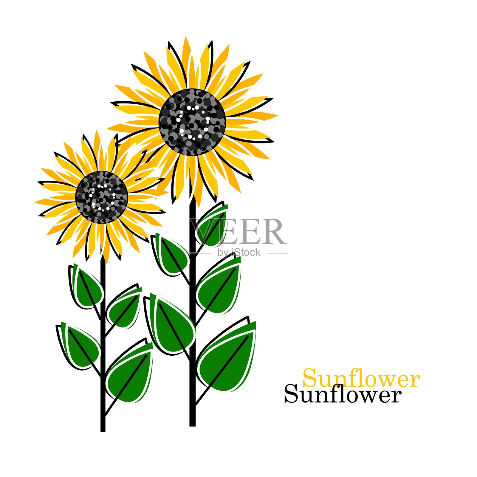 向日葵，绿叶扁平设计元素图片