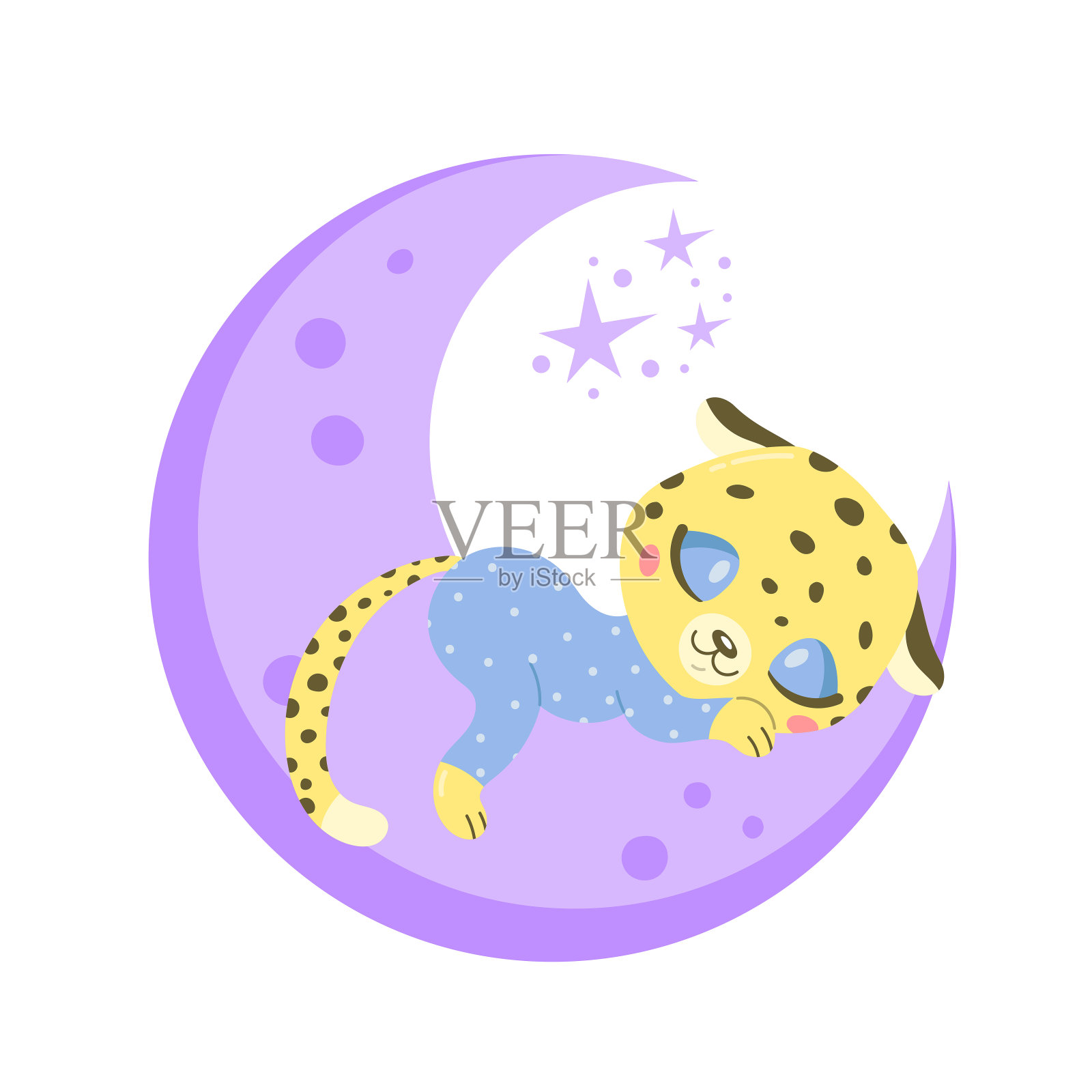 矢量插图的一个可爱的卡通豹睡觉在月球上。小动物们在睡觉。插画图片素材