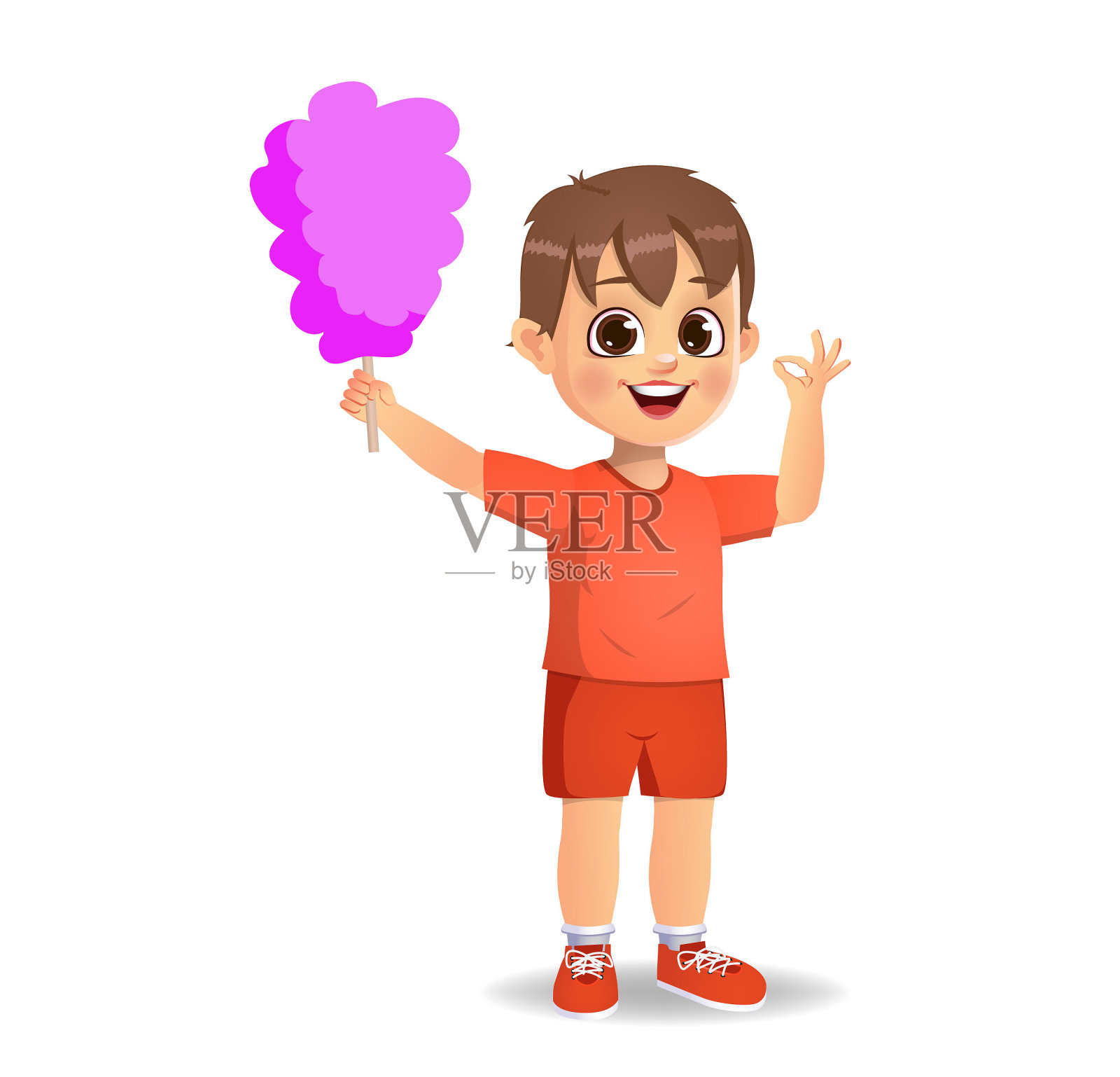 可爱的小男孩吃棉花糖。在白色背景上隔离插画图片素材