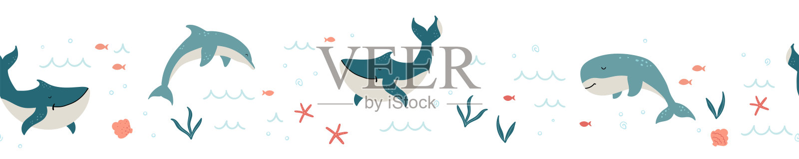 可爱的手绘海洋生活无缝模式，快乐的鲸鱼和装饰，夏季纺织品，横幅，壁纸，包装矢量设计设计元素图片