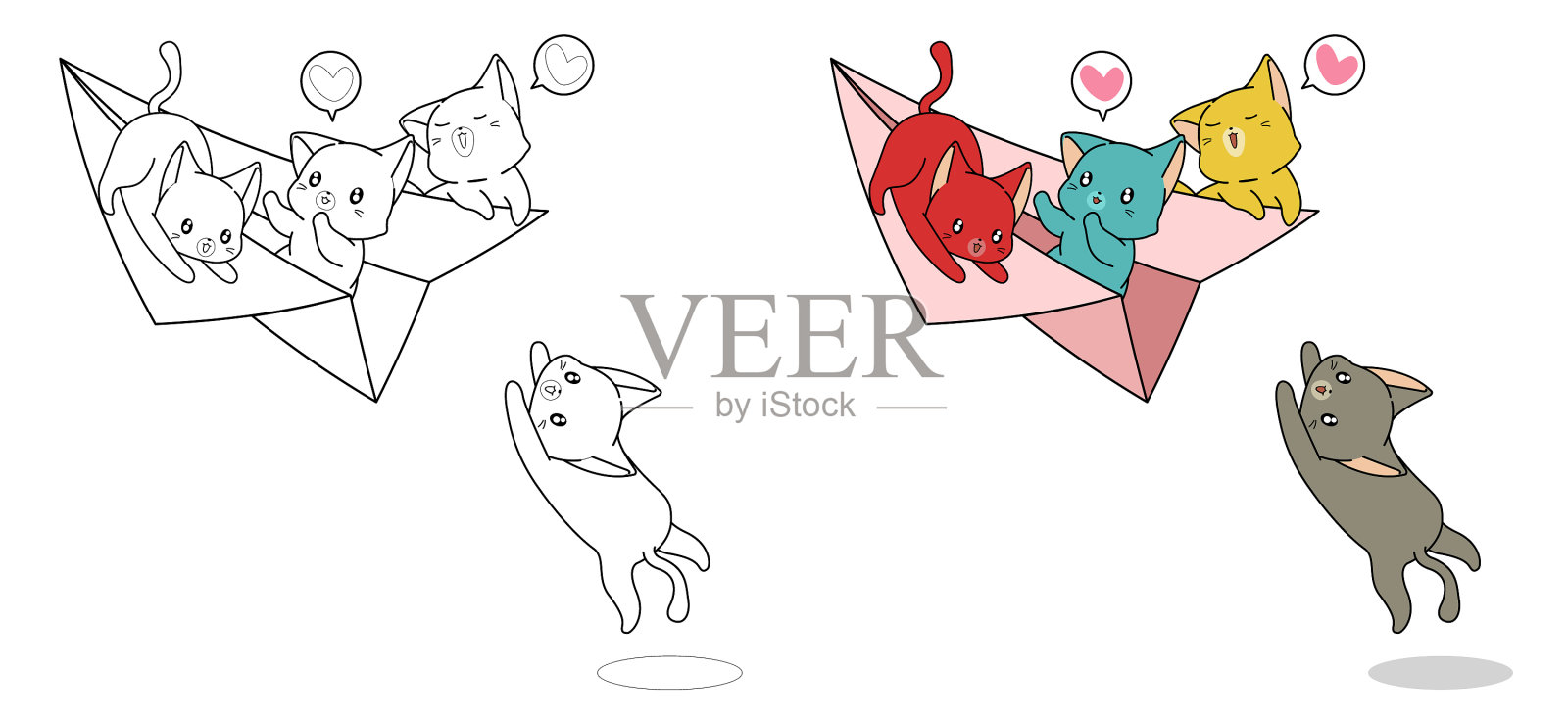 猫咪们正在轻松地玩纸飞机卡通插画图片素材