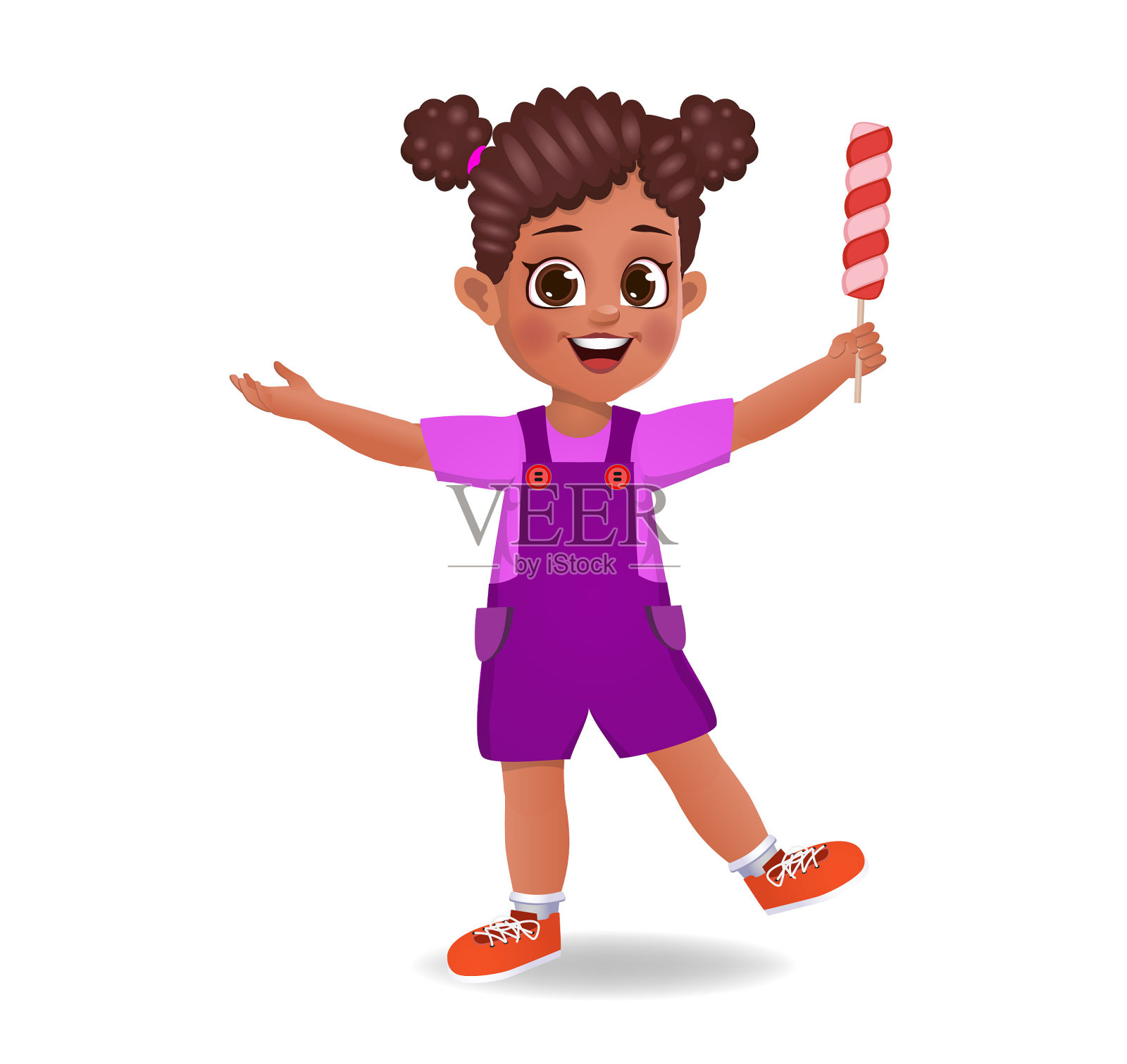 可爱的小女孩吃糖果。在白色背景上隔离插画图片素材