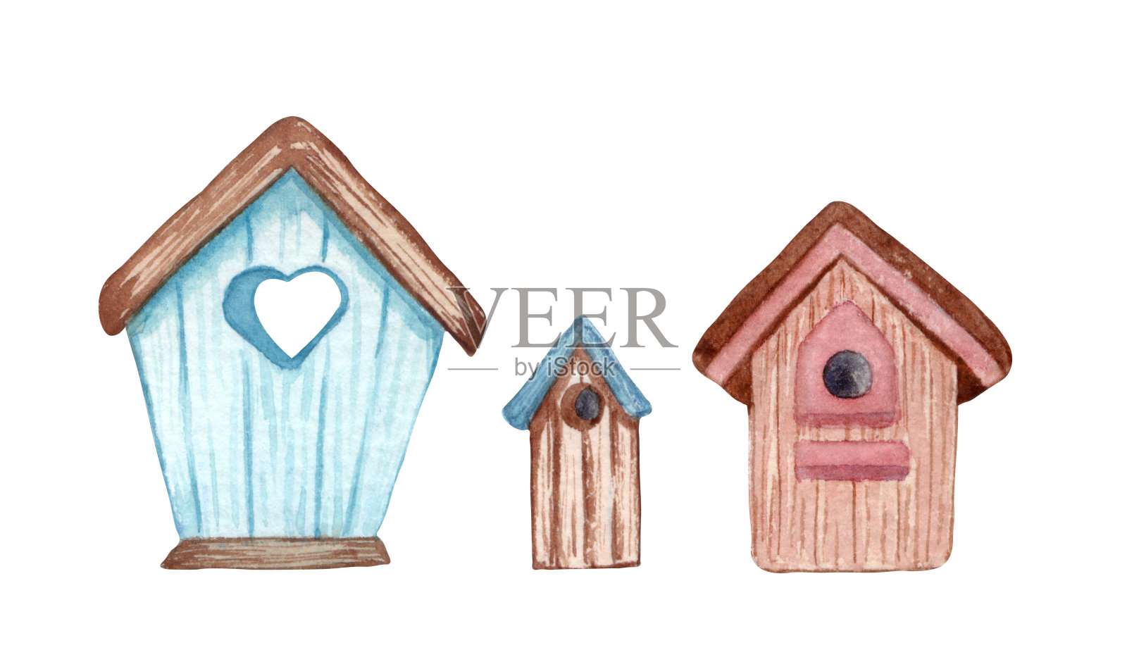 白色背景上的三个可爱的小鸟笼。水彩画木质装饰房屋设计元素图片