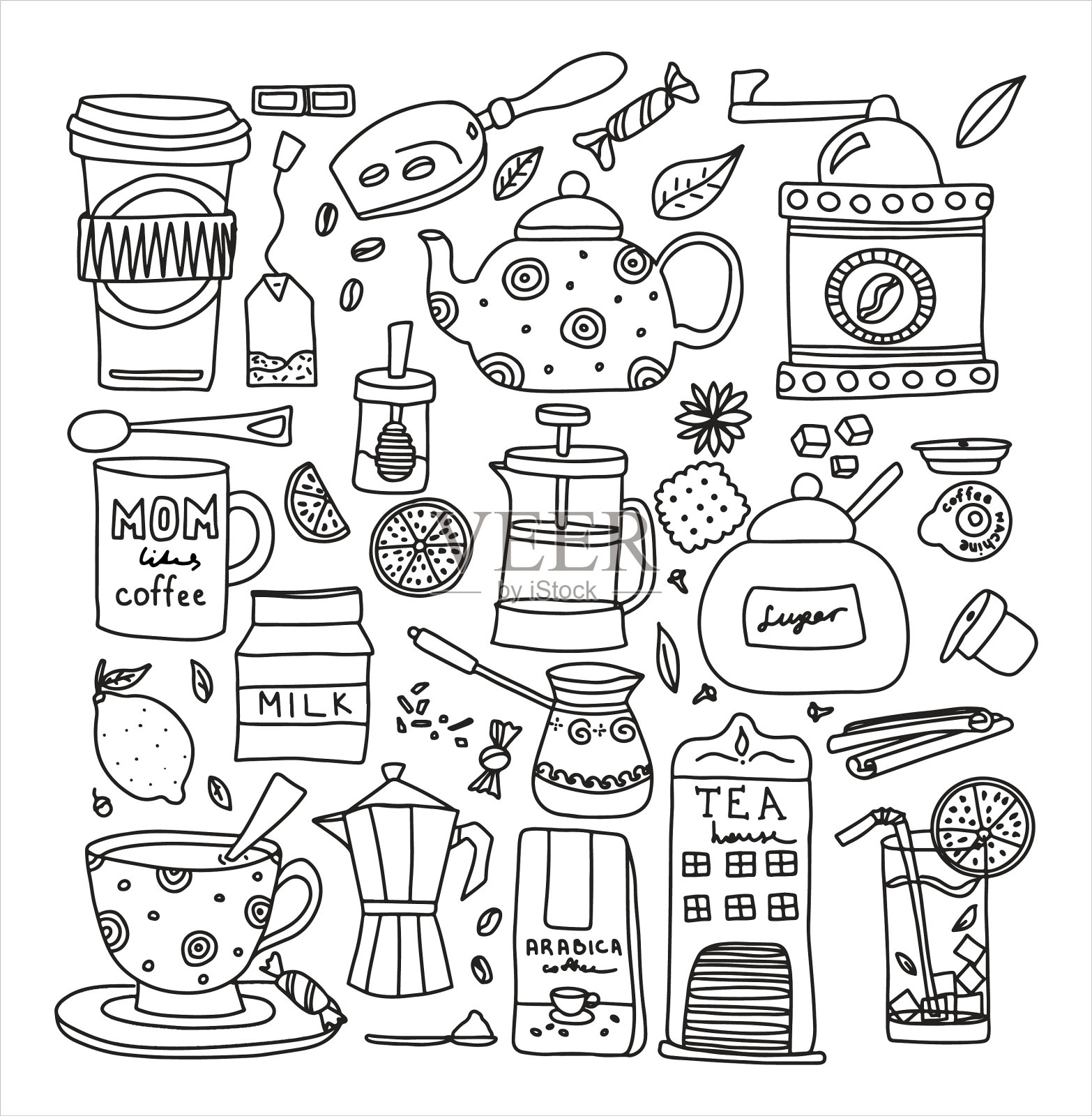 大套手绘咖啡和茶画一套图标素材