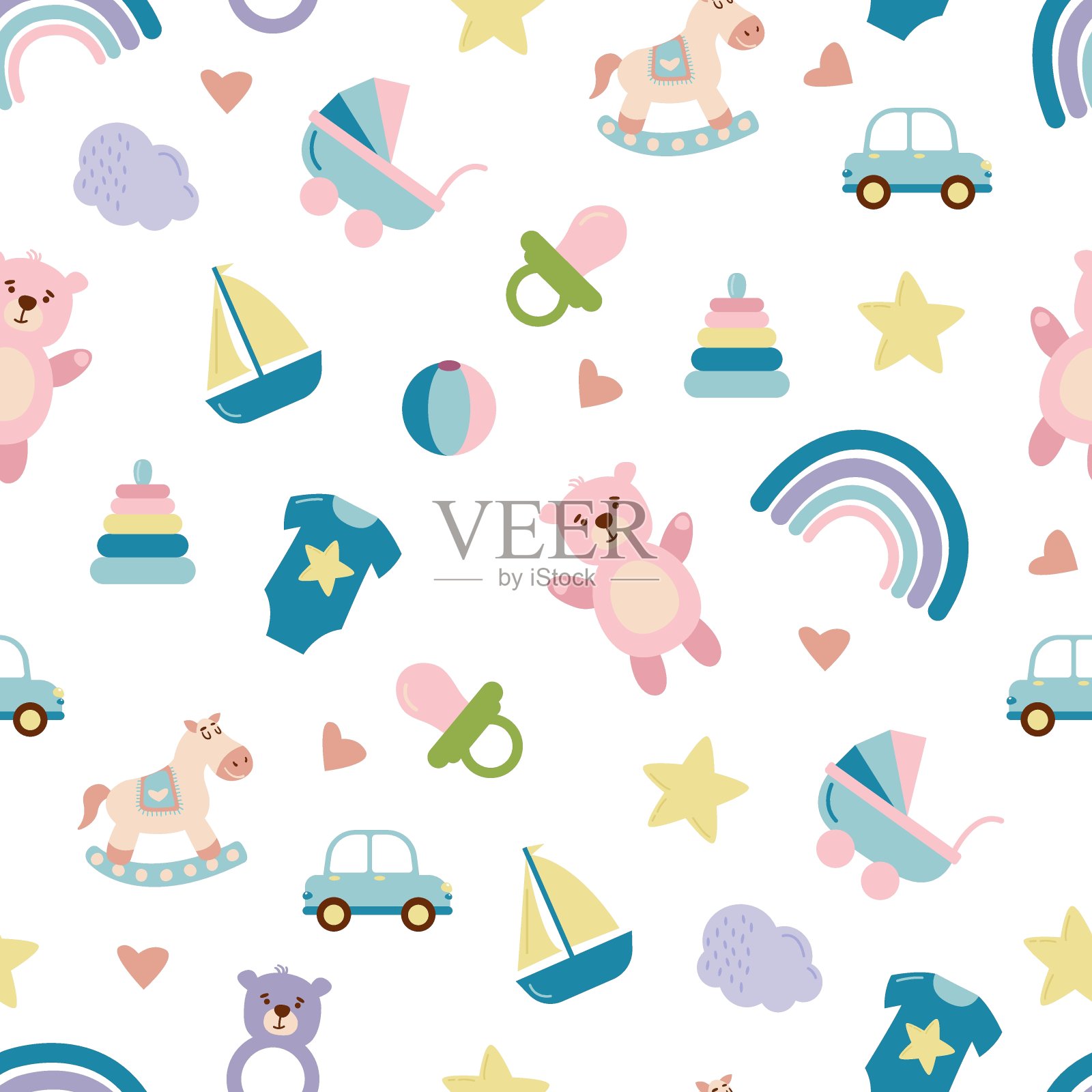 婴儿图案与儿童玩具，物体。插画图片素材