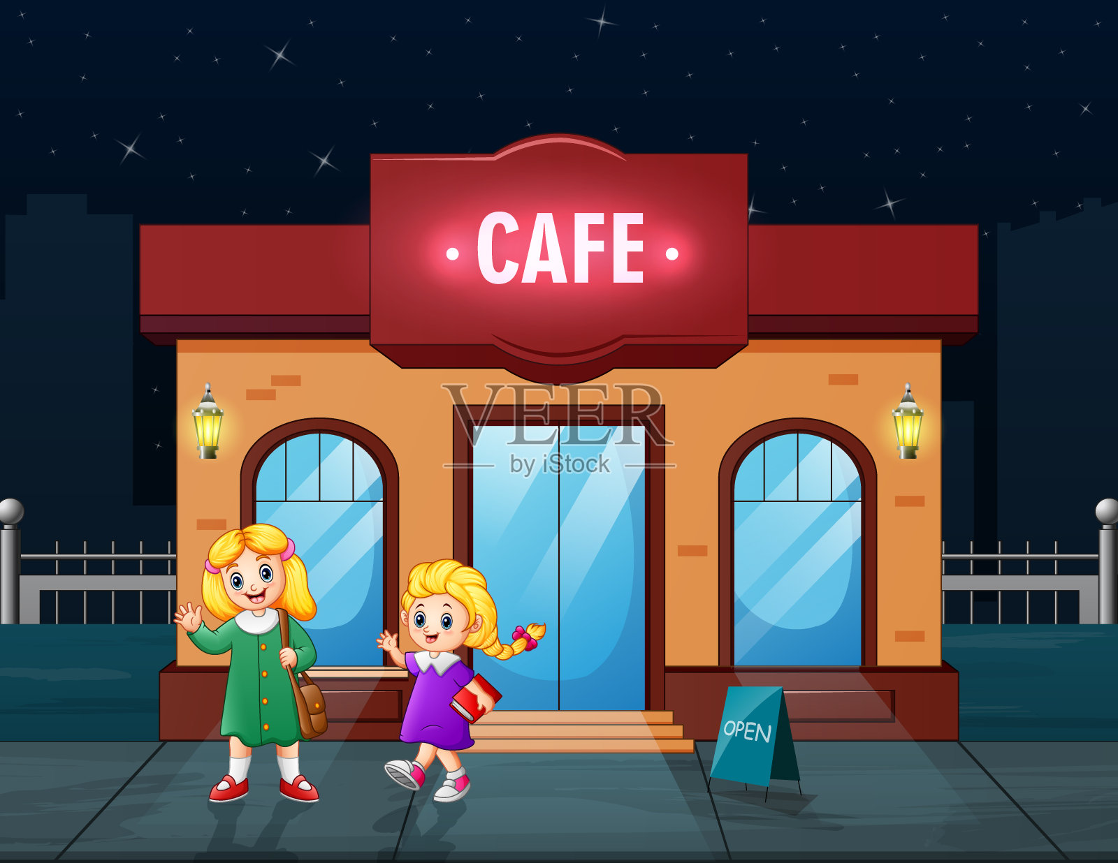 咖啡厅前面有两个可爱的女孩插画图片素材
