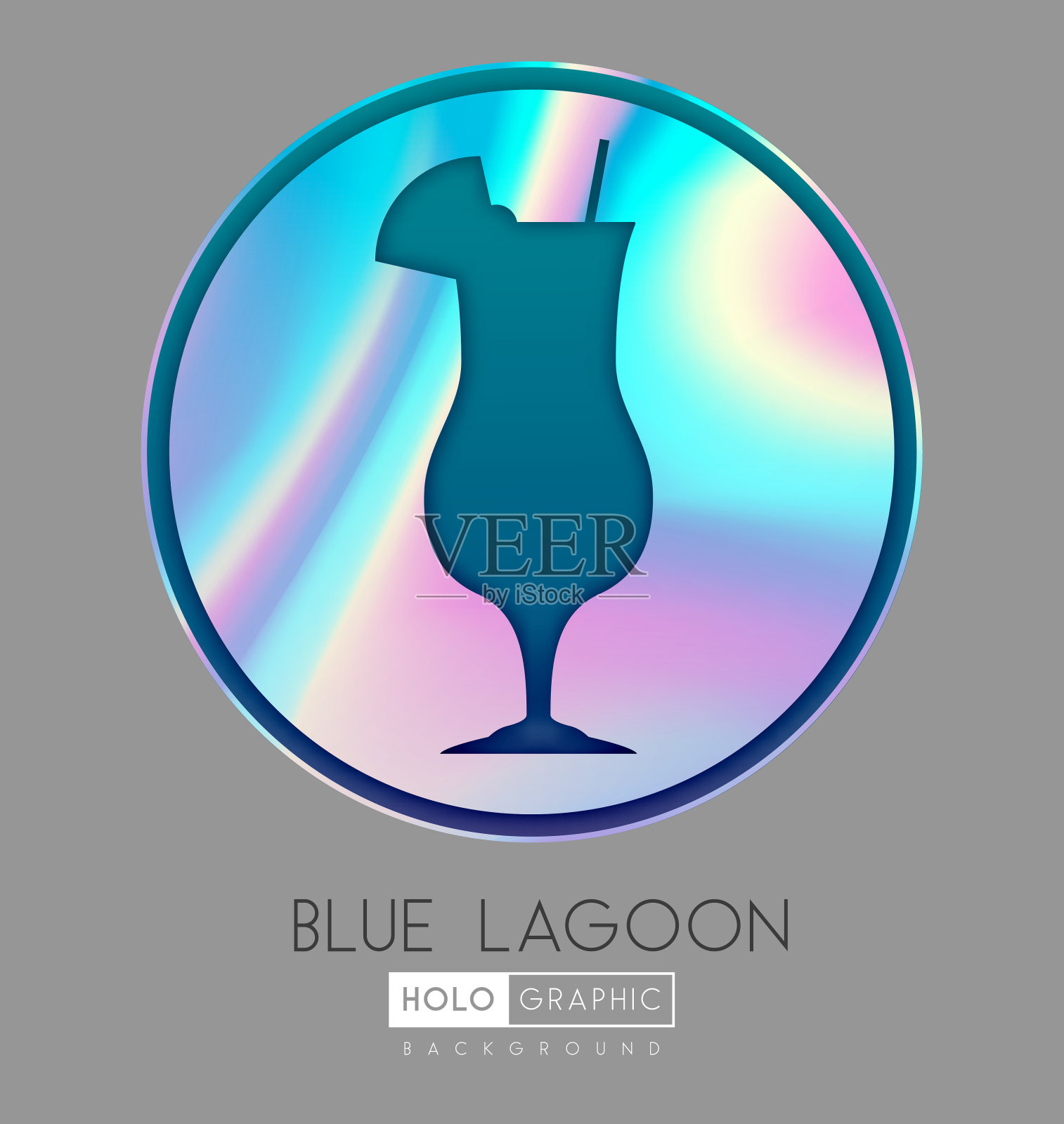 抽象全息背景上的鸡尾酒剪影。蓝色泻湖鸡尾酒全息图标插画图片素材