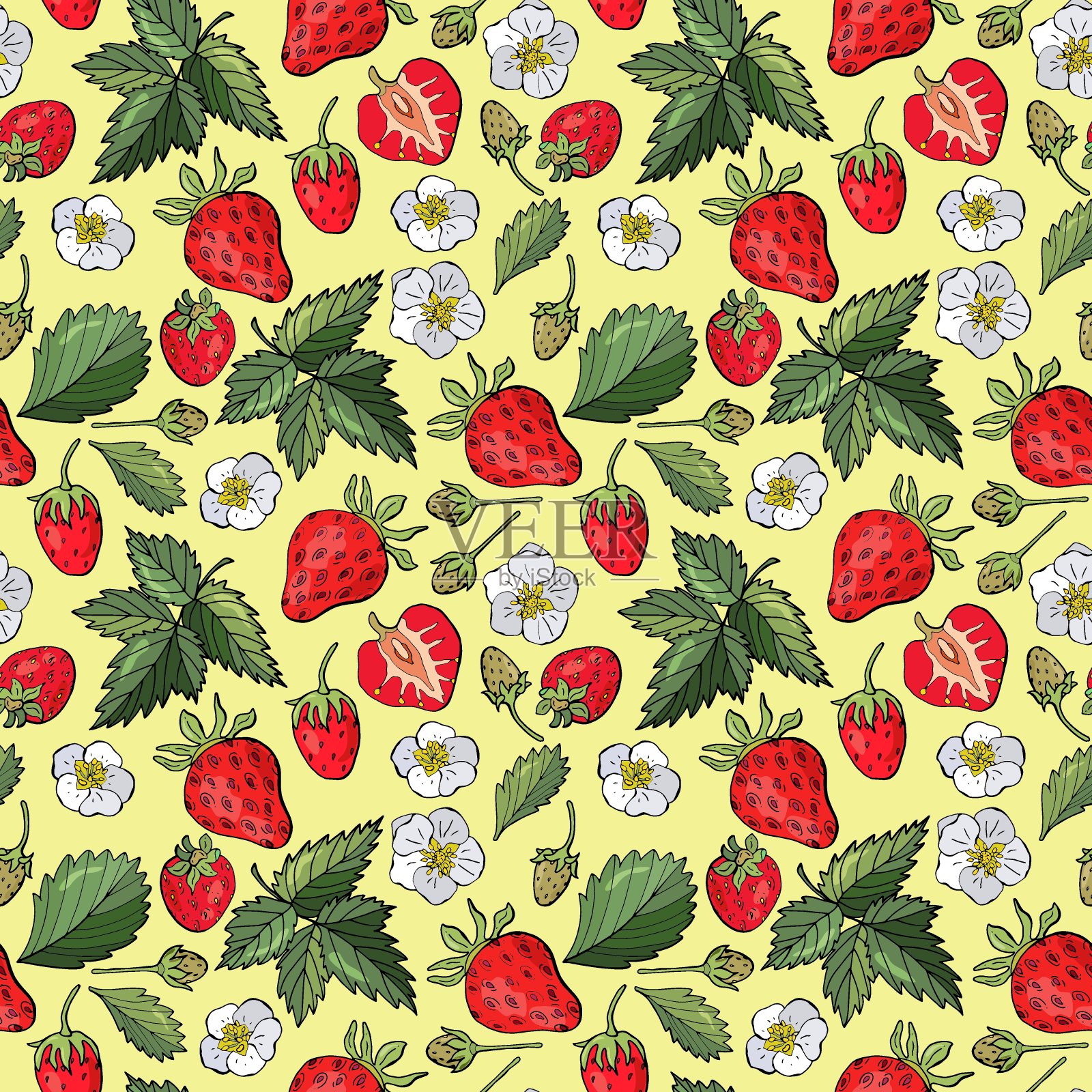 草莓无缝图案。手绘的风格。插画图片素材