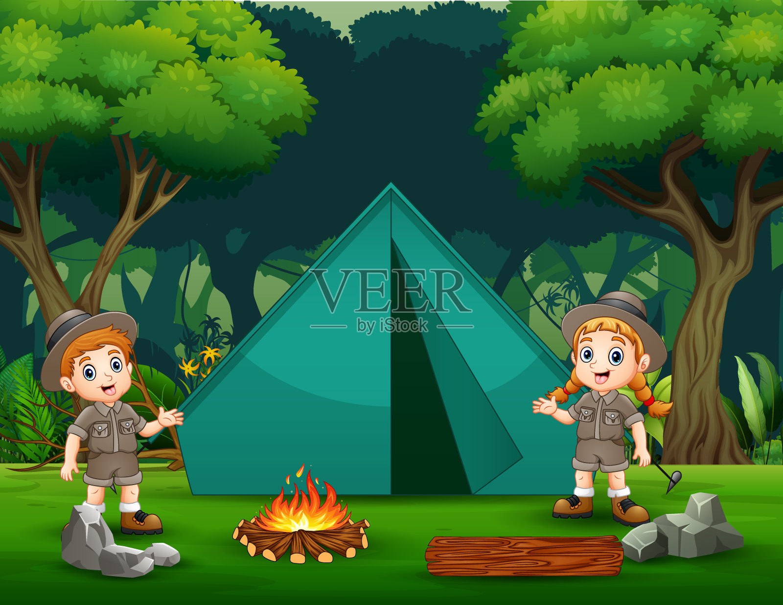 探险家男孩和女孩露营在森林插图插画图片素材