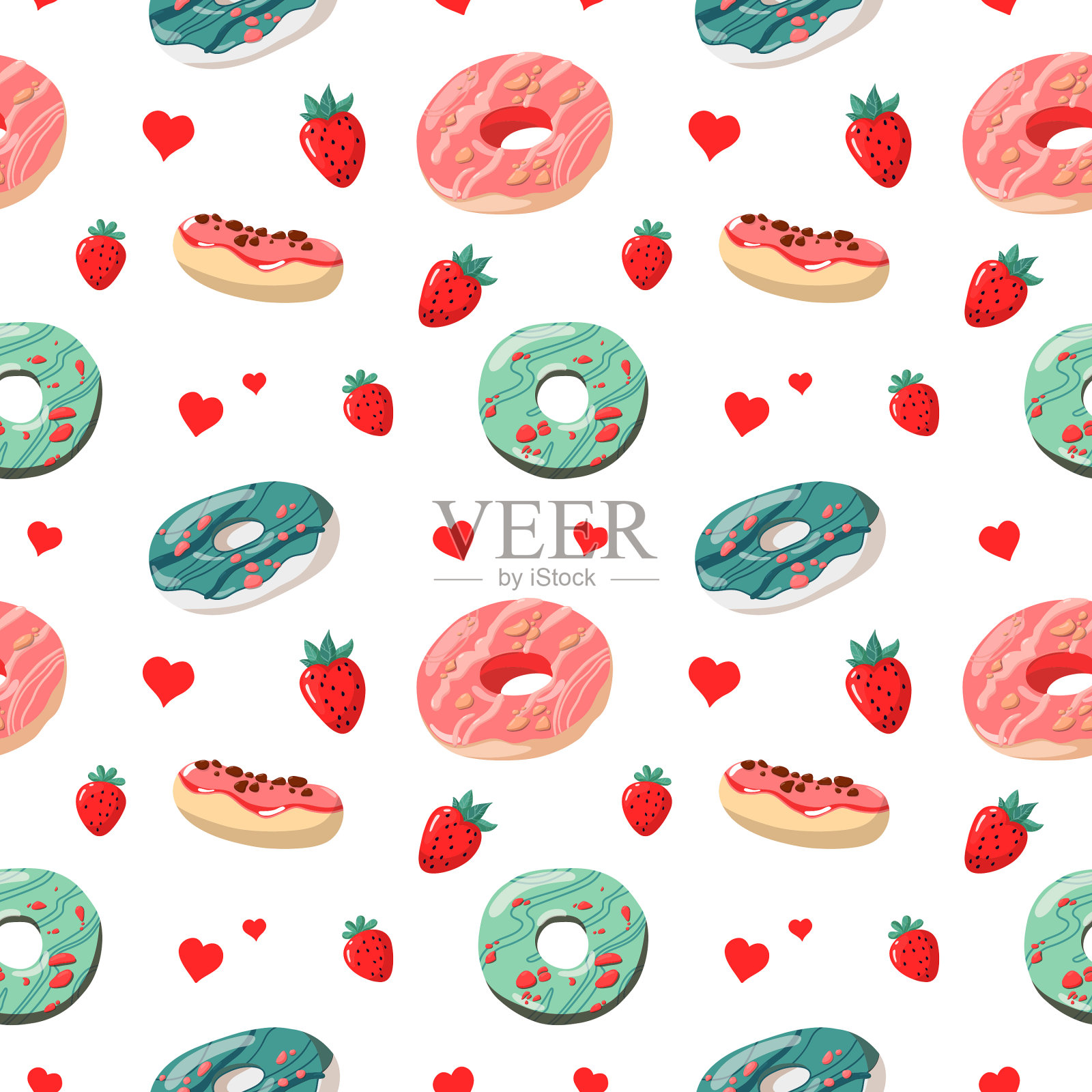 甜甜圈、草莓和心形的无缝重复图案。矢量插图孤立在白色背景。插画图片素材