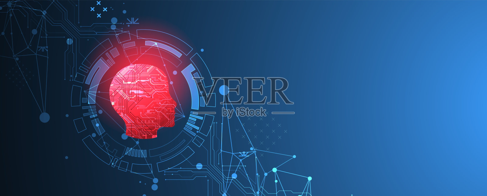 摘要人工智能主题的背景。红头形状与技术元素内轮廓。插画图片素材
