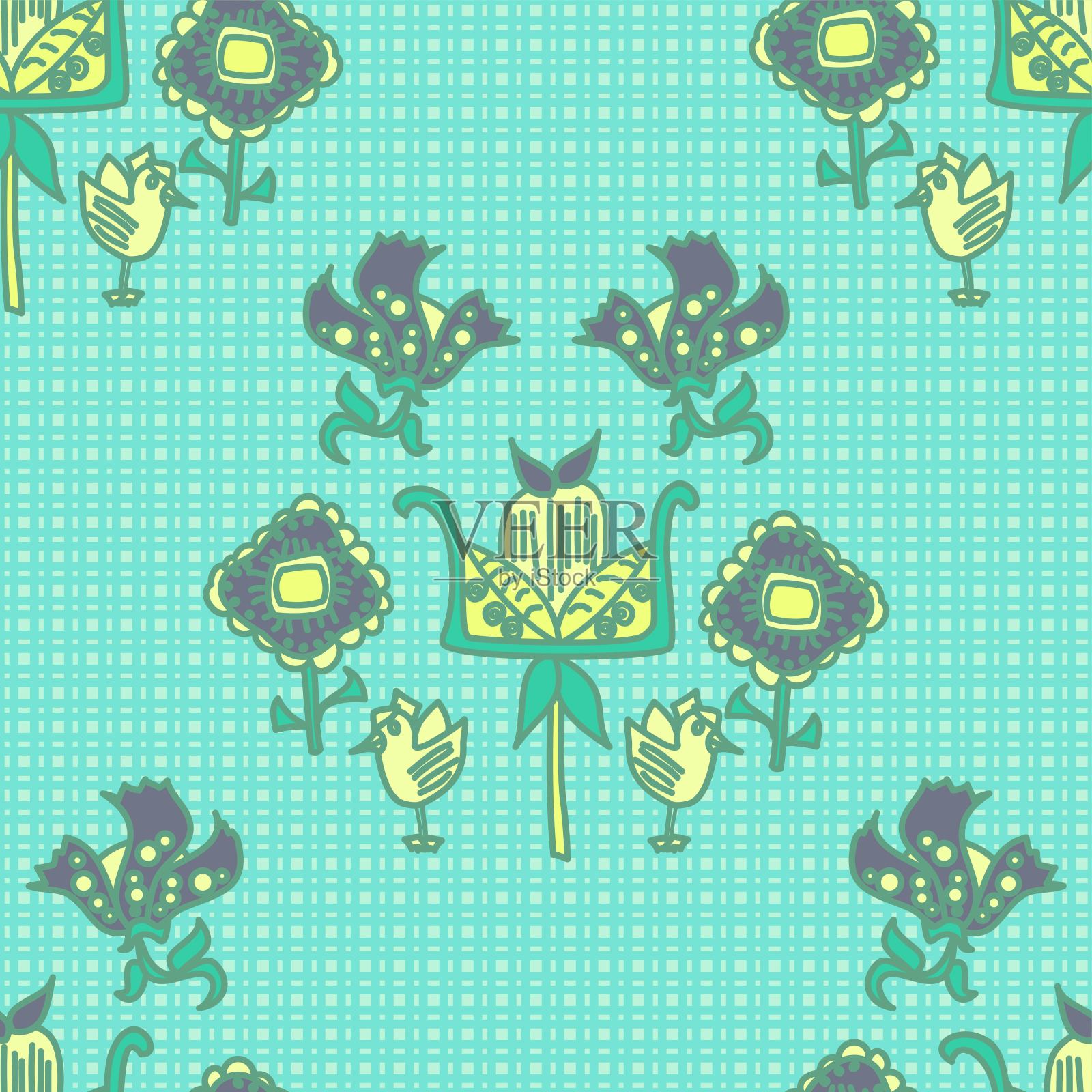 软颜色的花重复向量图案与可爱的鸟在一个水的背景插画图片素材