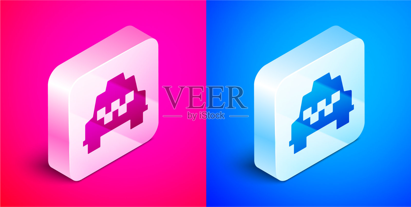 等距出租车图标孤立在粉红色和蓝色图标素材