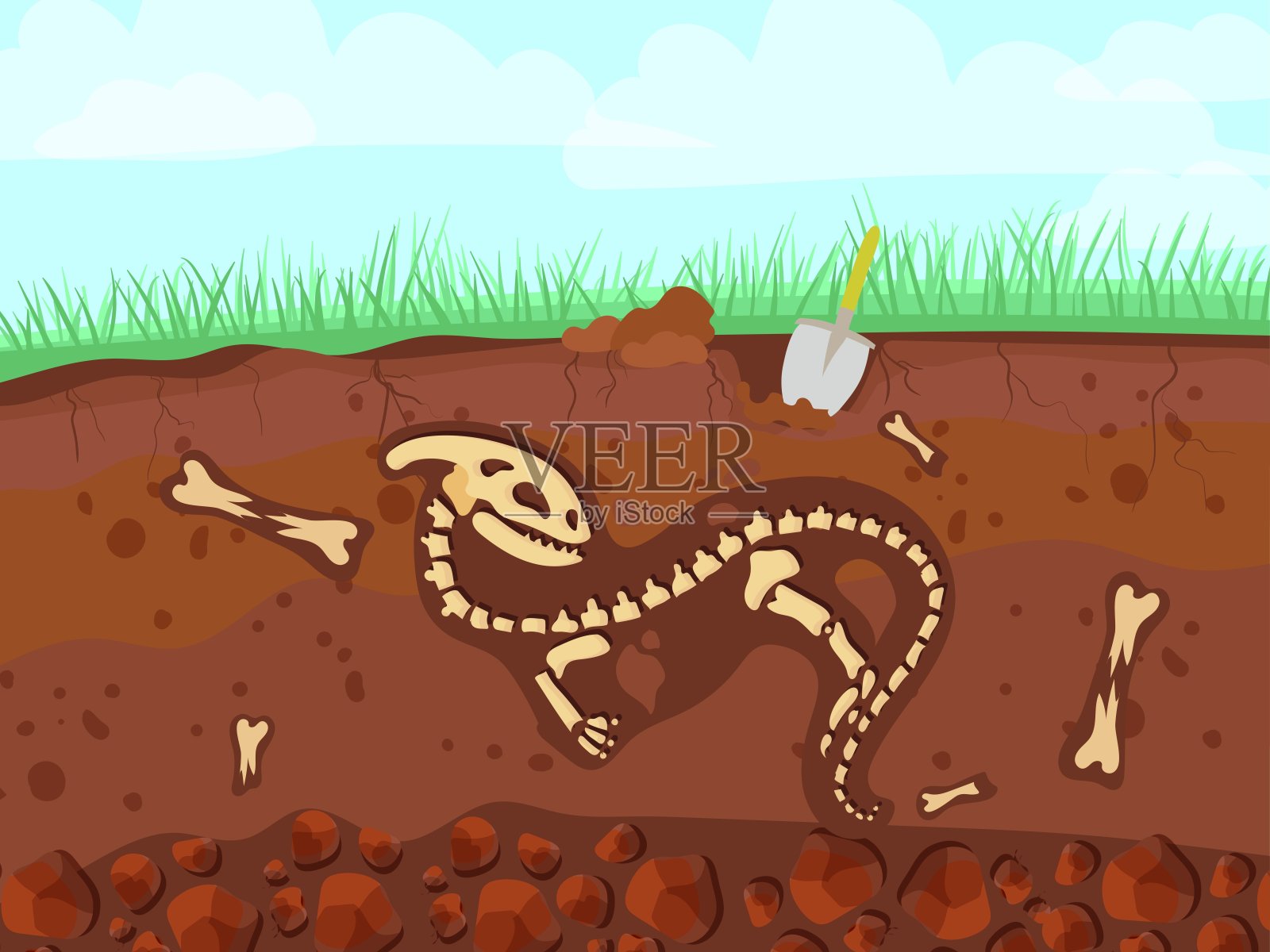 卡通恐龙骨架。地下史前动物的骨头。考古学。矢量插图孤立在白色背景。插画图片素材