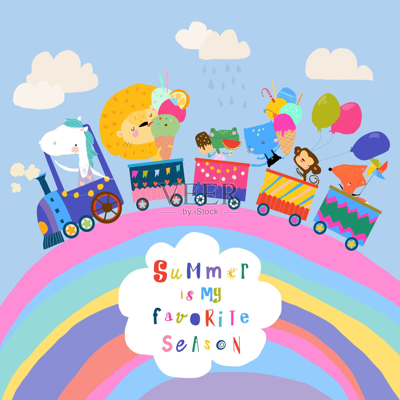 快乐的动物在彩虹上乘火车旅行插画图片素材