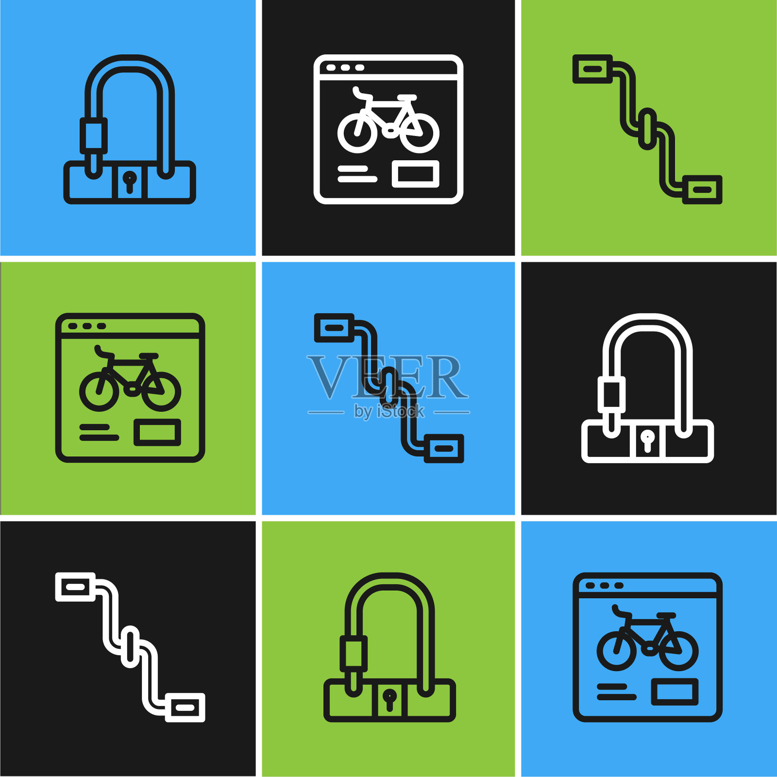 设置线自行车锁、踏板和租赁手机app图标。向量插画图片素材