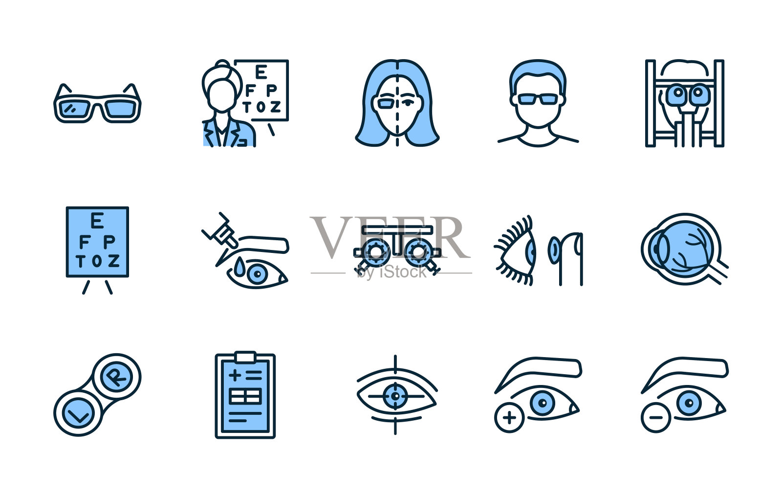 眼科平线图标设置为蓝色。矢量插图视觉治疗。眼科检查在眼科诊所的检查可编辑的中风图标素材