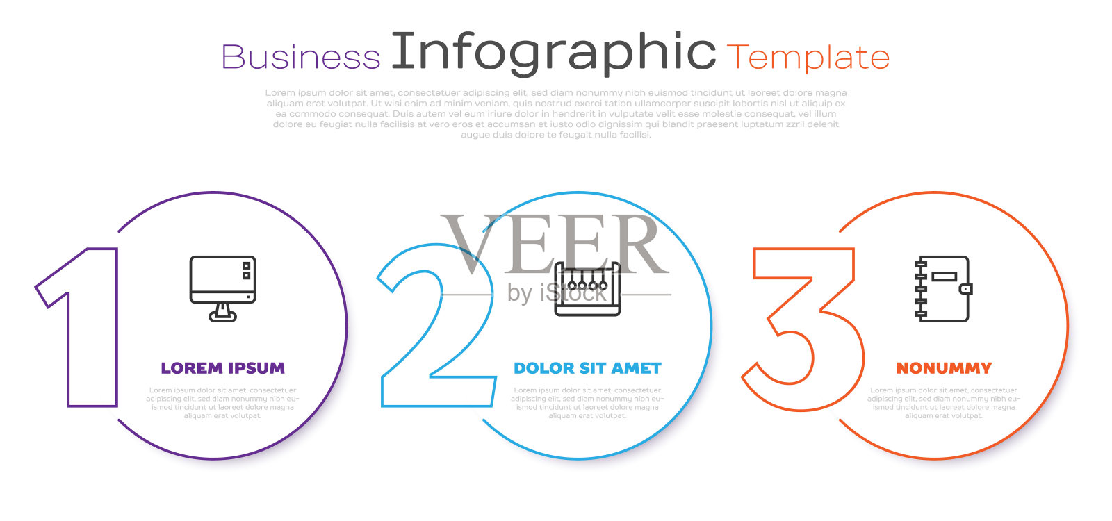 设行电脑显示屏、摆盘、螺旋笔记本。业务信息模板。向量设计模板素材