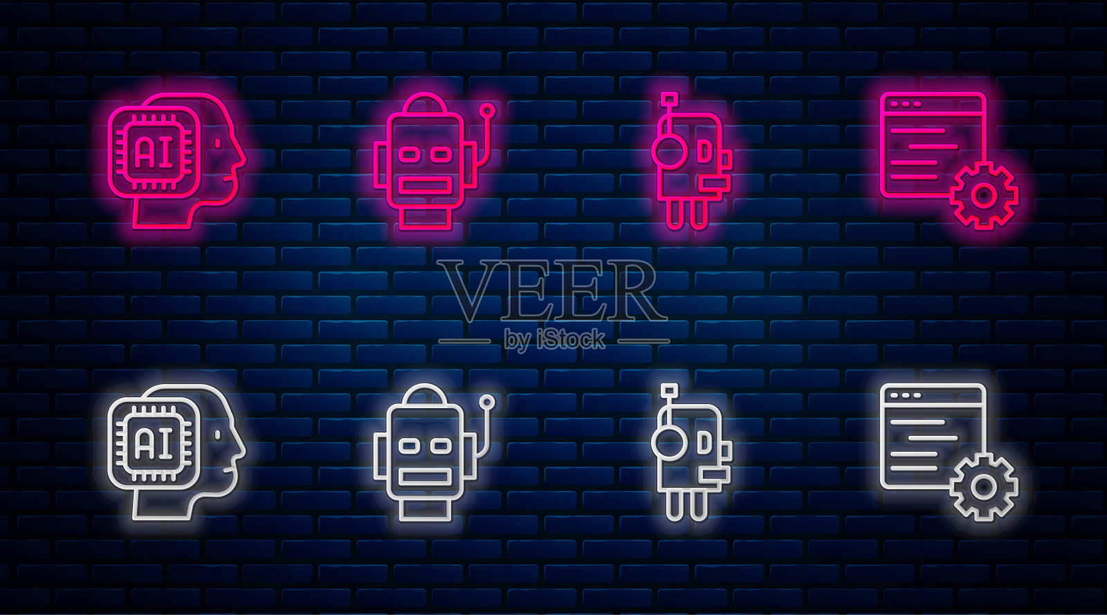 设置机器人、人形机器人和计算机api接口。砖墙上发光的霓虹灯图标。向量插画图片素材