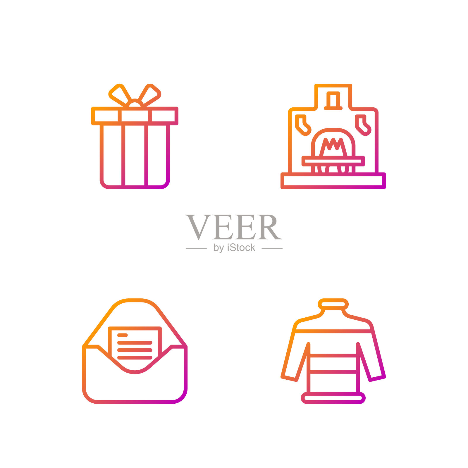 套装线圣诞毛衣，派对邀请卡，礼品盒和室内壁炉。渐变颜色图标。向量图标素材