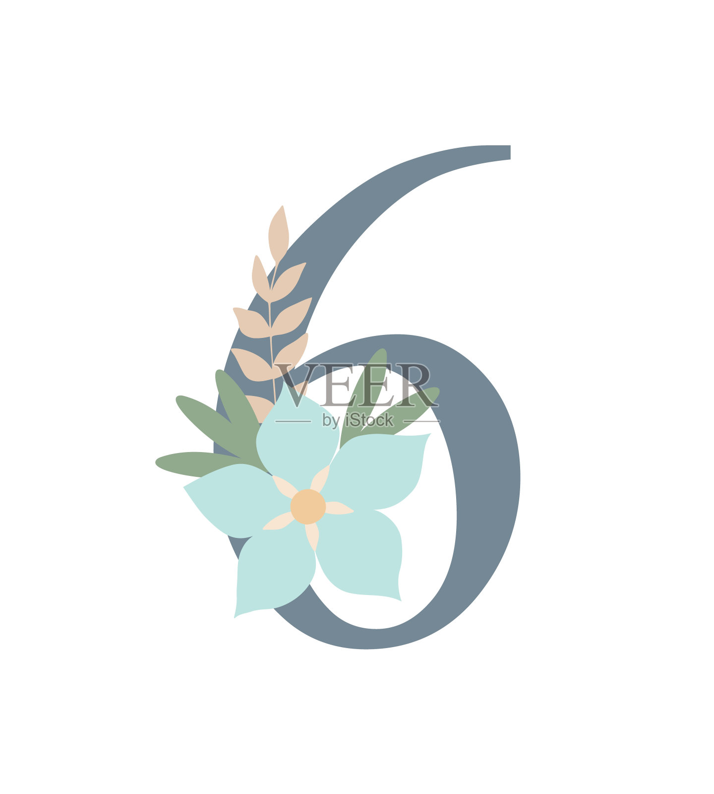 数字装饰花，花的交织字母矢量插图在简单的波西米亚风格，平彩色装饰字母集合插画图片素材