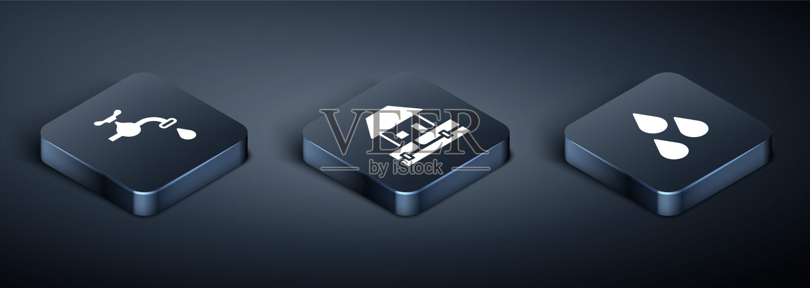 设置等距水龙头，滴水和供水管道图标。向量图标素材