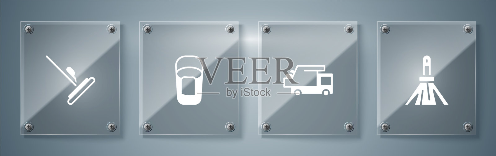 设置处理扫帚垃圾车桶与抹布图标素材