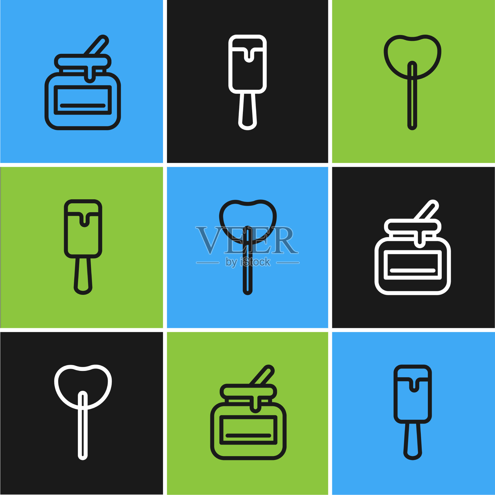 Set line jar蜂蜜棒棒糖和冰淇淋图标插画图片素材