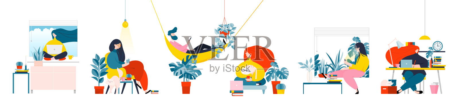 在家工作，共用办公空间，概念插图。年轻人，男女自由职业者在家里用笔记本和电脑工作。人们在家里隔离。矢量平面样式插图插画图片素材