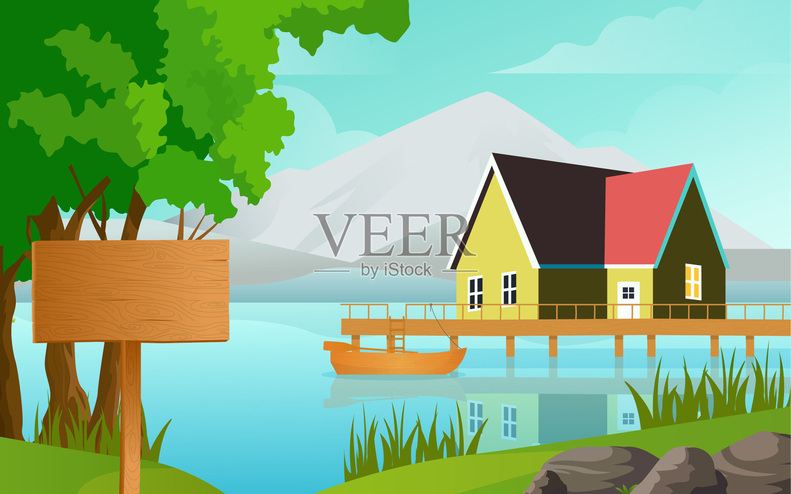 房子坐落在湖岸边插画图片素材