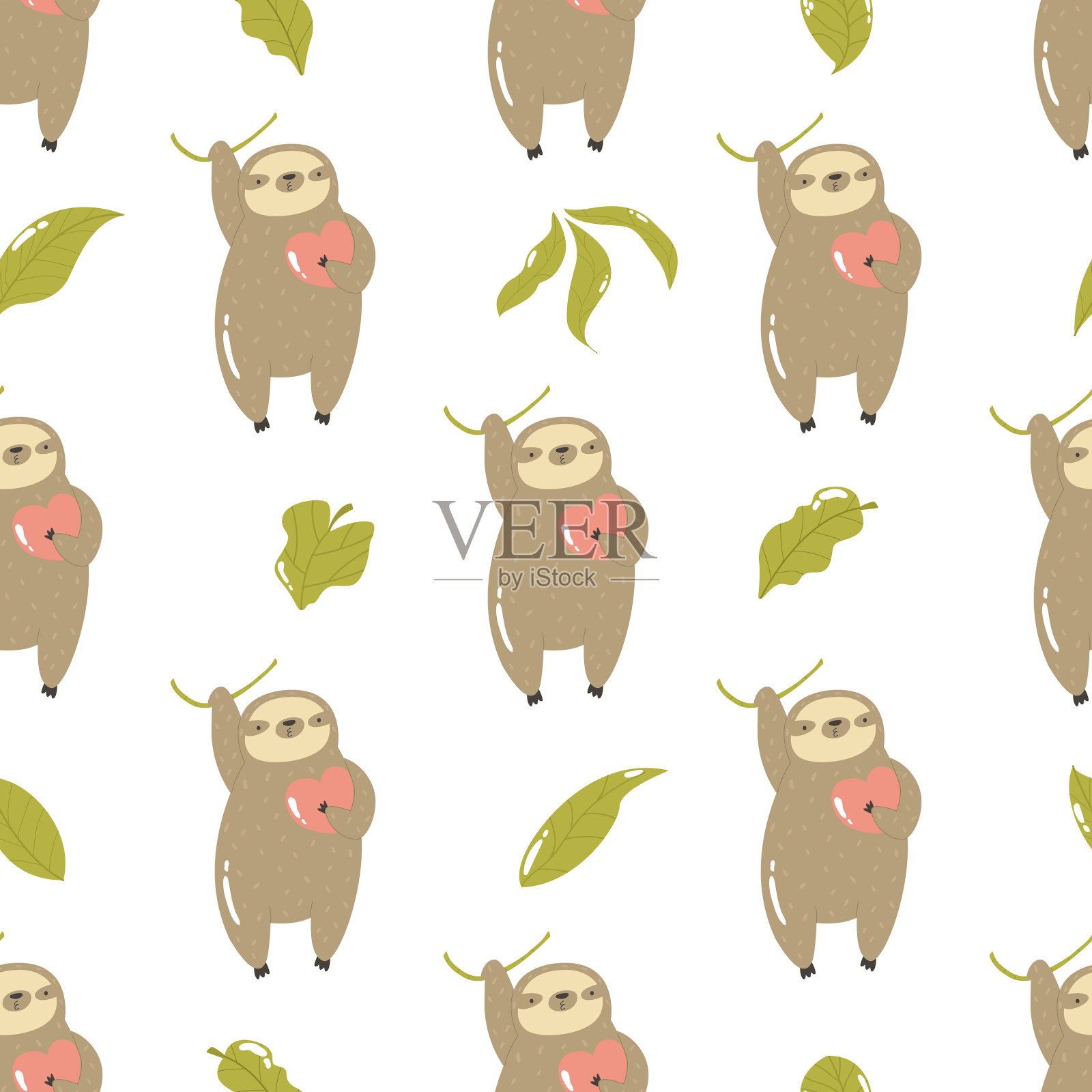 无缝图案与可爱的树懒挂在插画图片素材