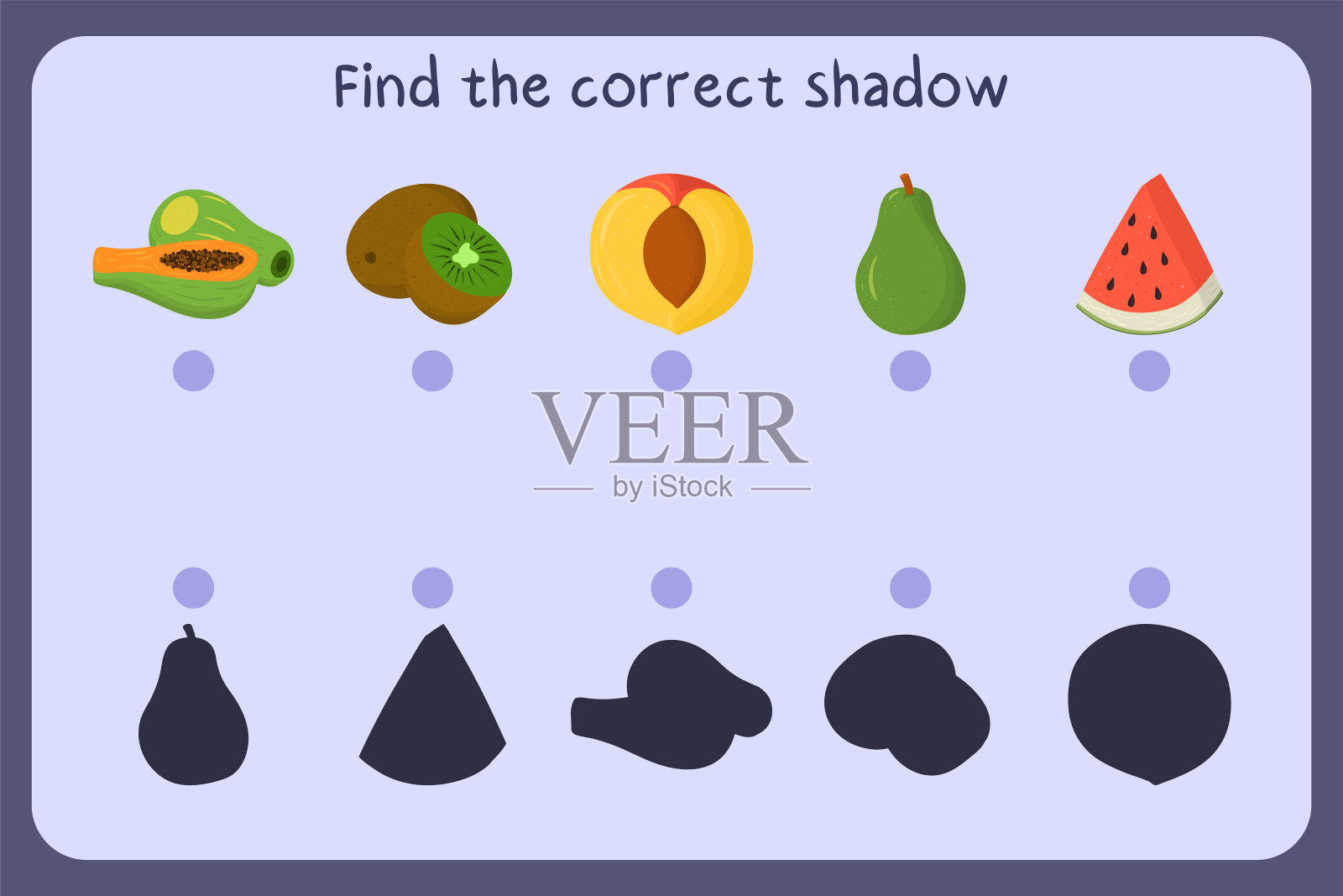 儿童教育游戏与食物-木瓜，猕猴桃，油桃，梨，西瓜。找到正确的阴影。矢量插图。插画图片素材