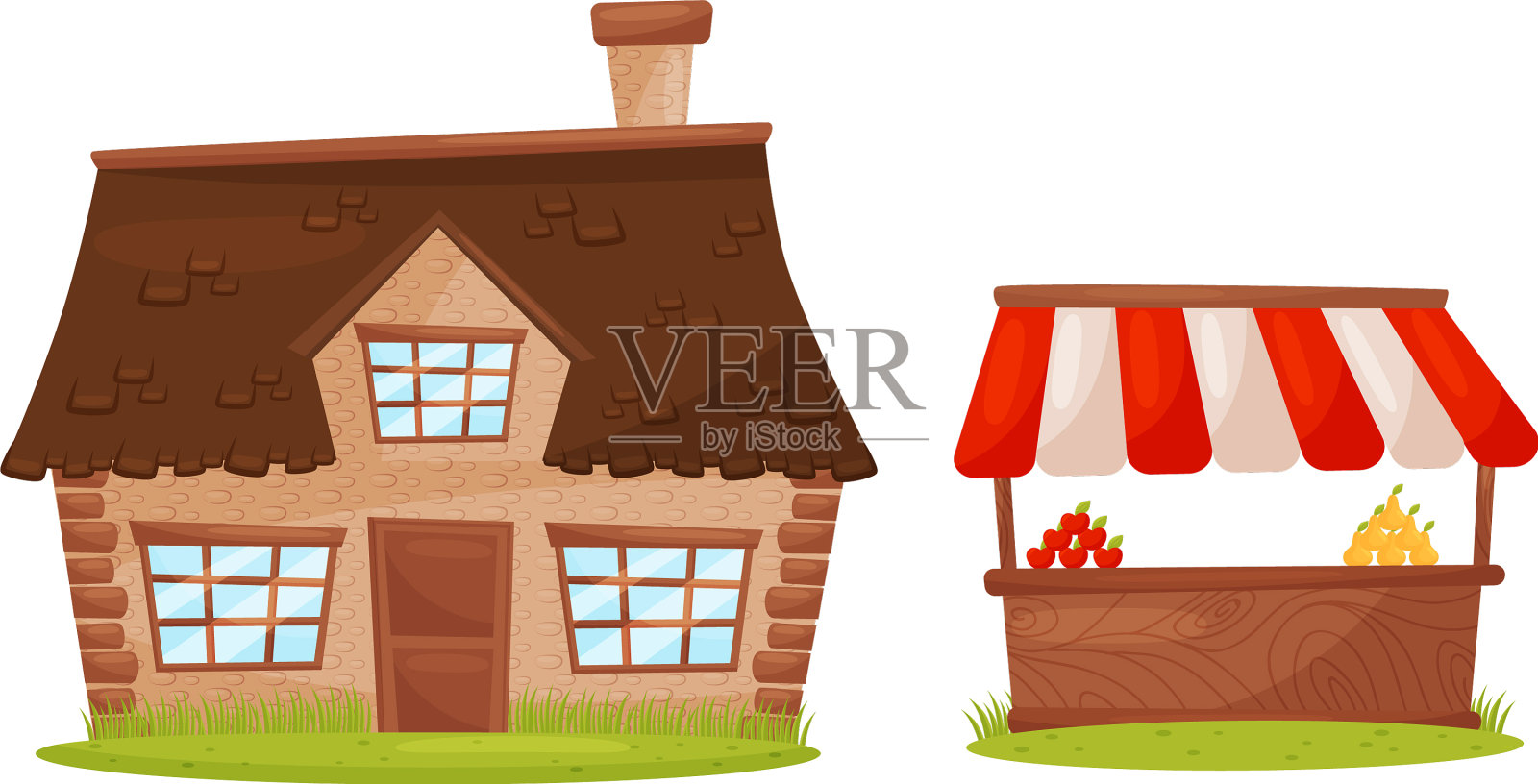 卖新鲜水果的村舍和街市摊位插画图片素材