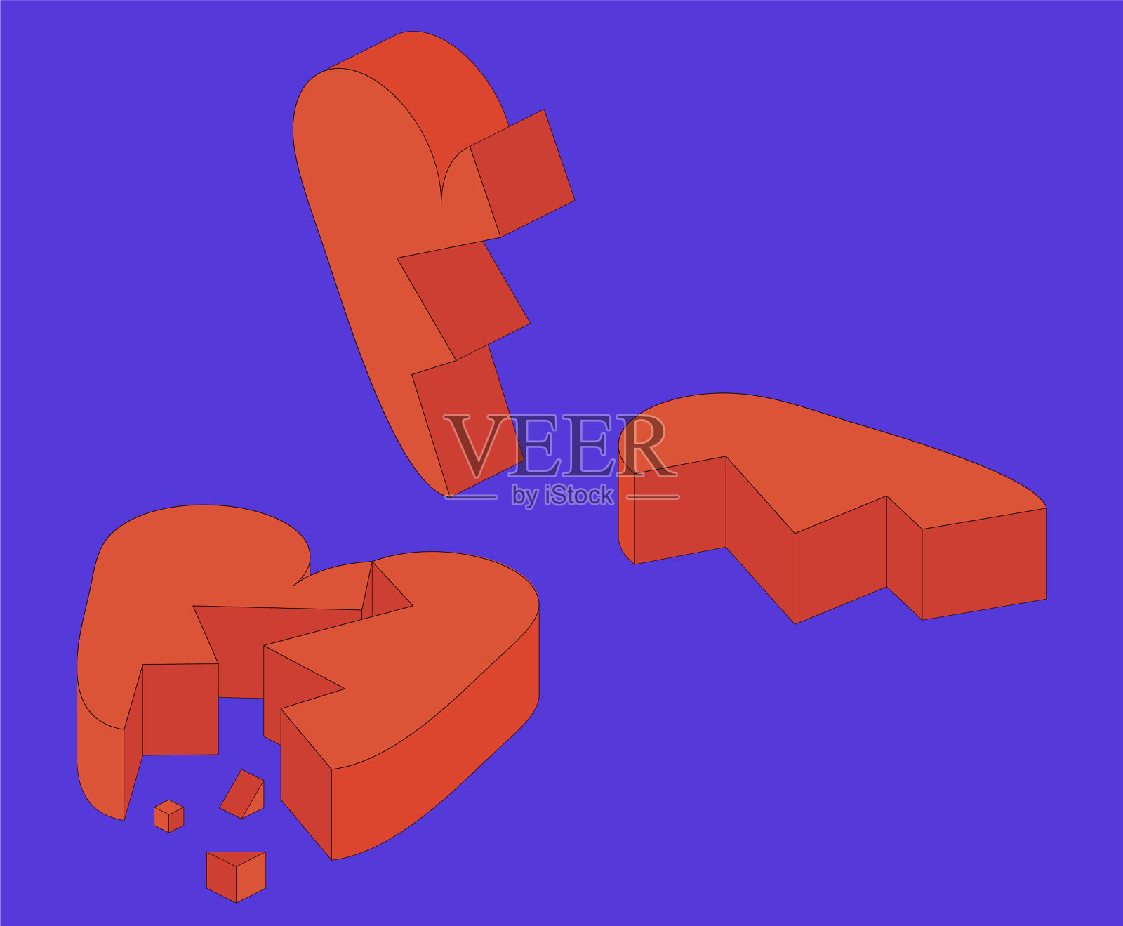 在蓝色背景上设置等距破碎的心插画图片素材