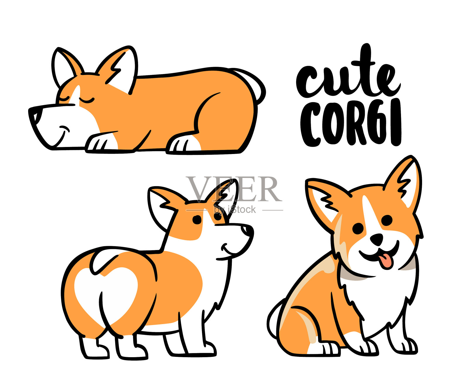 可爱的柯基狗设置和眨眼与快乐的脸插画图片素材