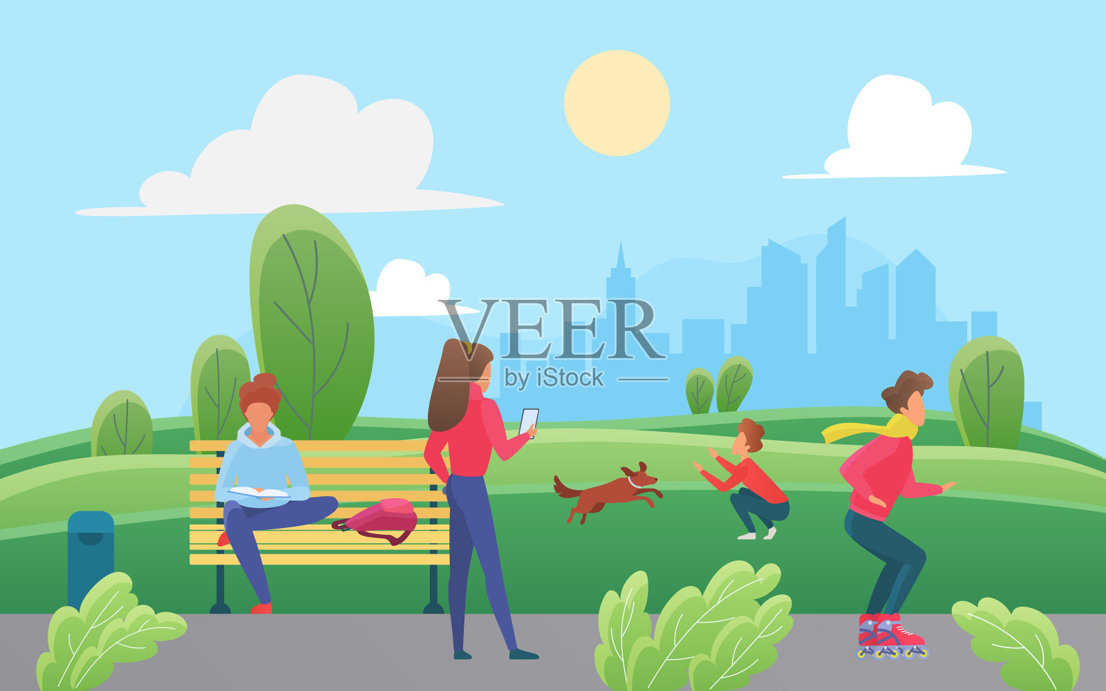 人们在绿色城市公园的乐趣男孩插画图片素材