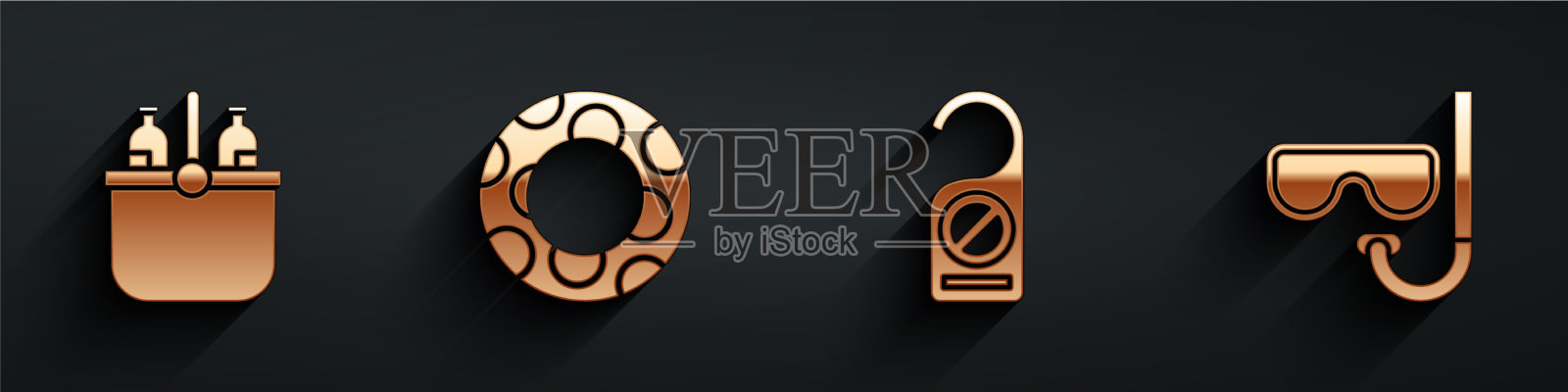 设置冷却袋和水橡胶游泳圈图标素材