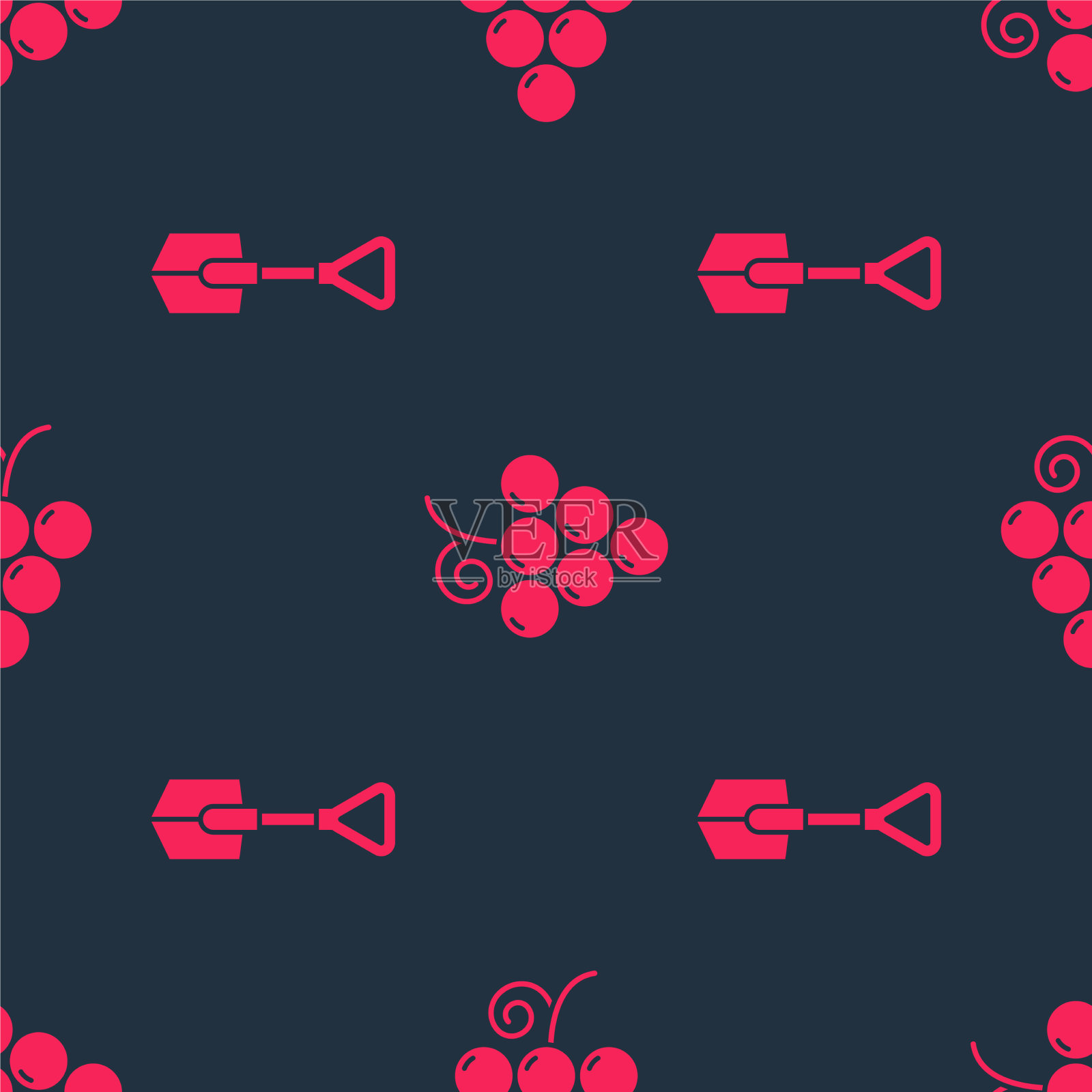 将铲和葡萄果实设置在无缝图案上图标素材