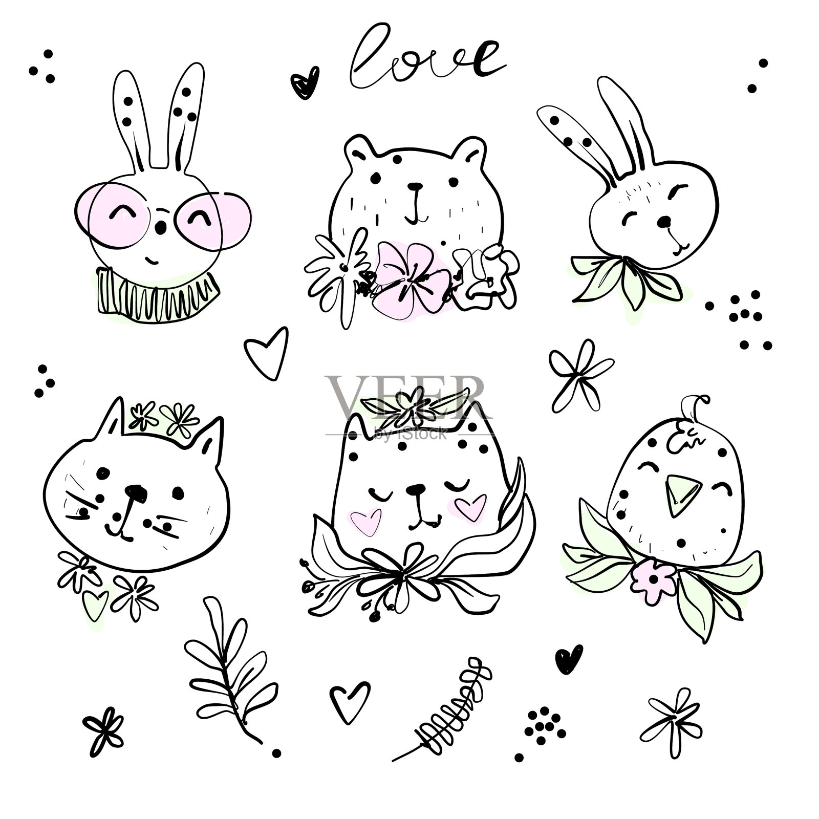 可爱的时髦动物与春天的花朵线插画图片素材