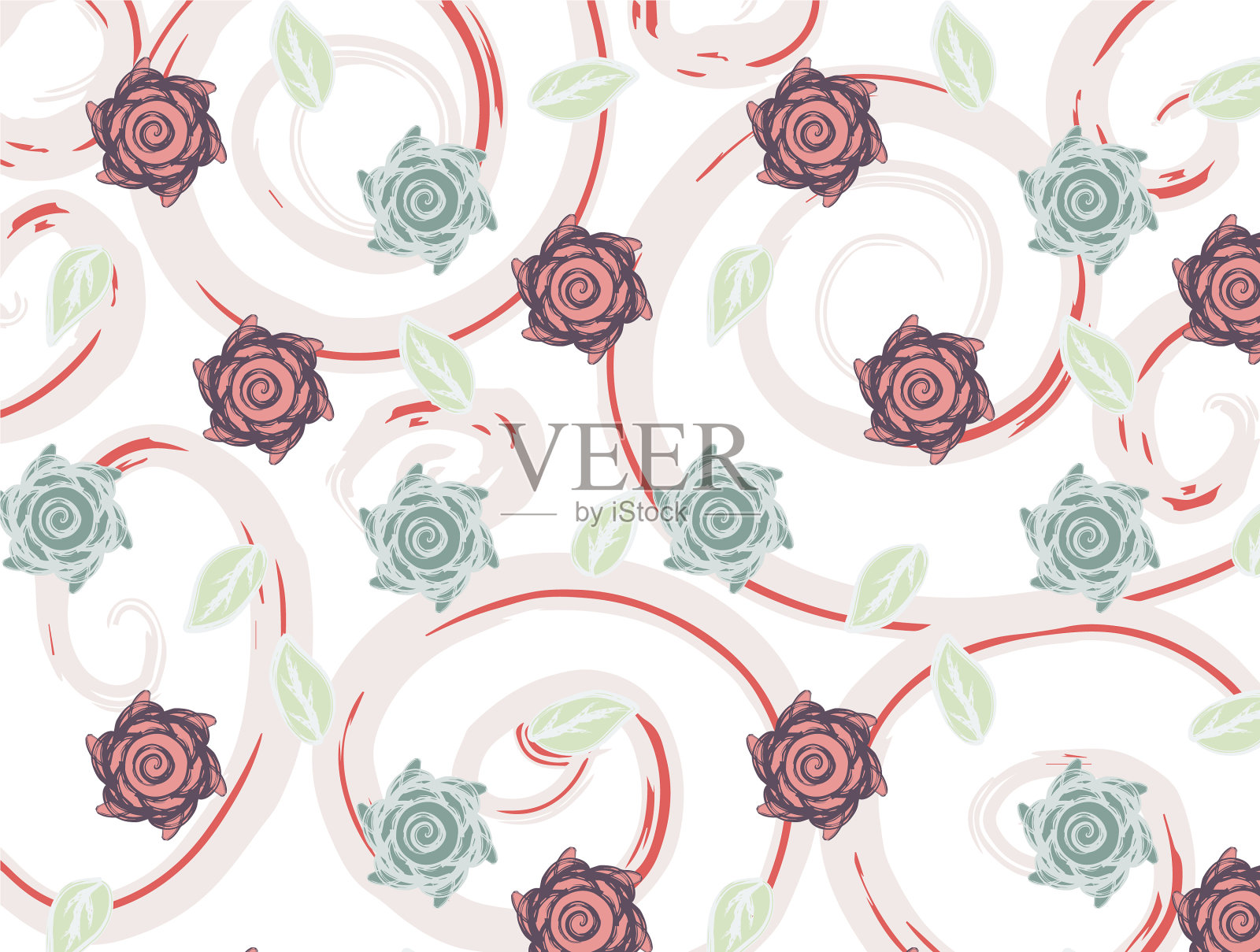 图案与红色和绿色玫瑰插画图片素材