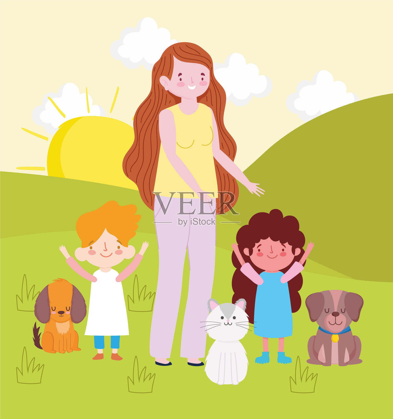 妈妈的孩子的宠物插画图片素材