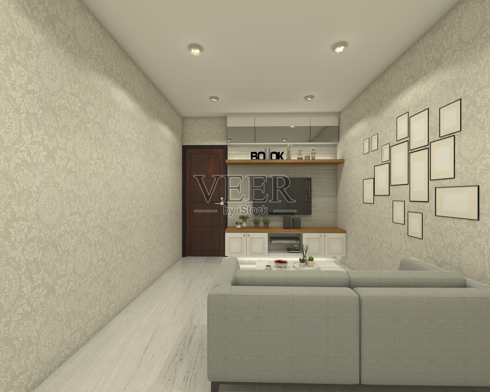 现代客厅设计与极简的电视柜和墙相框装饰照片摄影图片