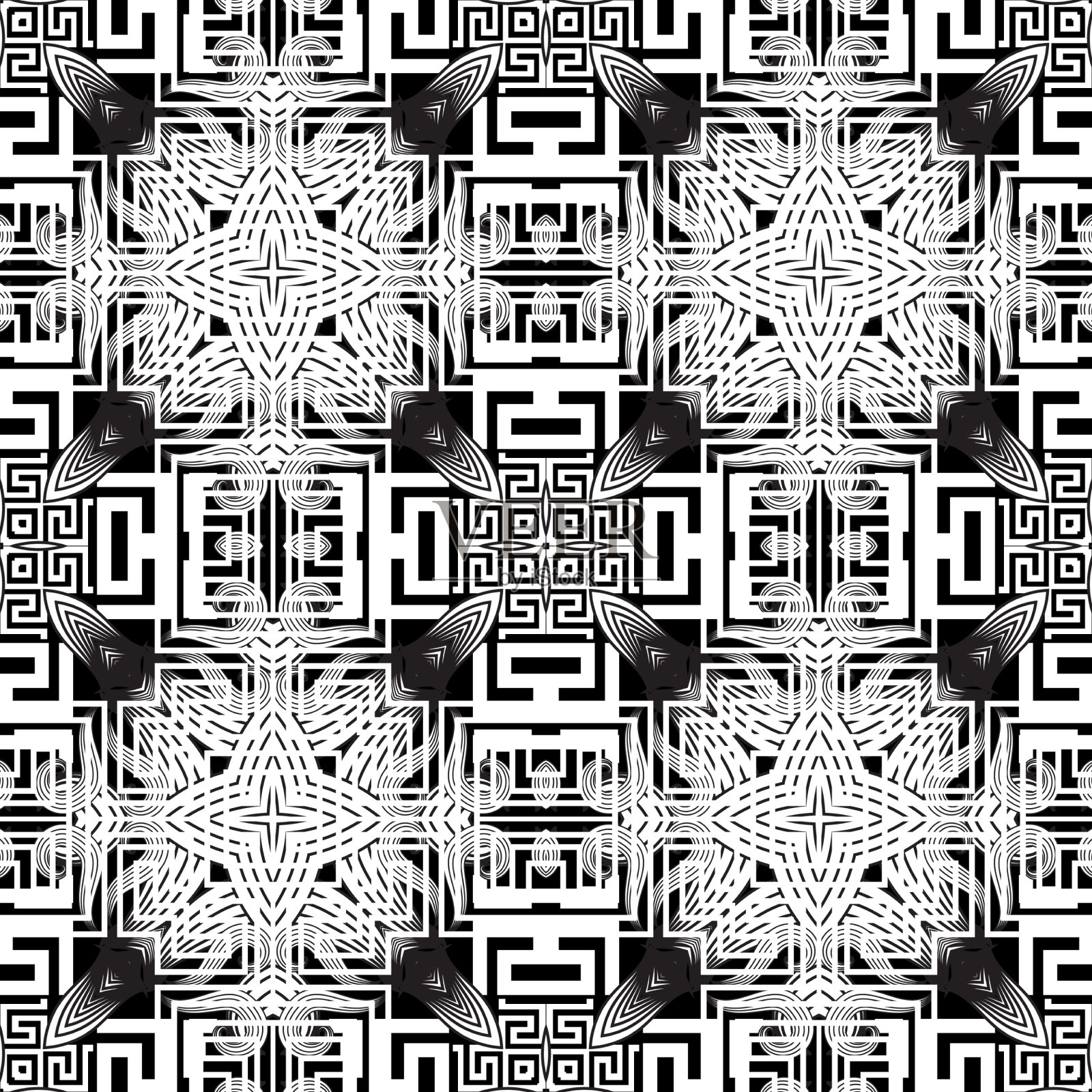 黑白希腊花无缝图案插画图片素材