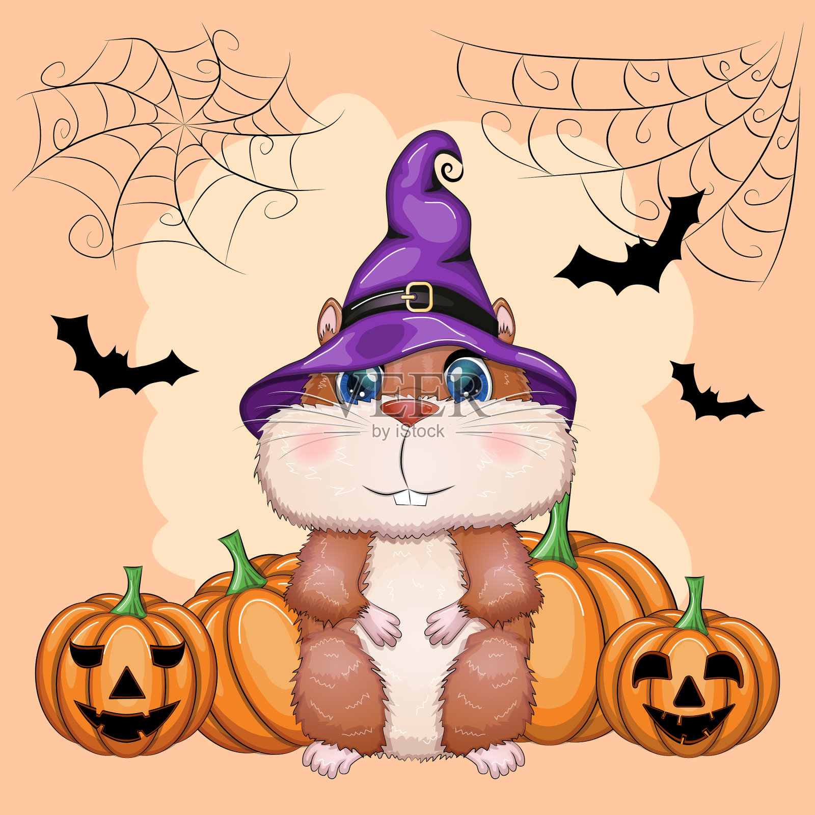 卡通仓鼠戴着一顶紫色的女巫帽插画图片素材