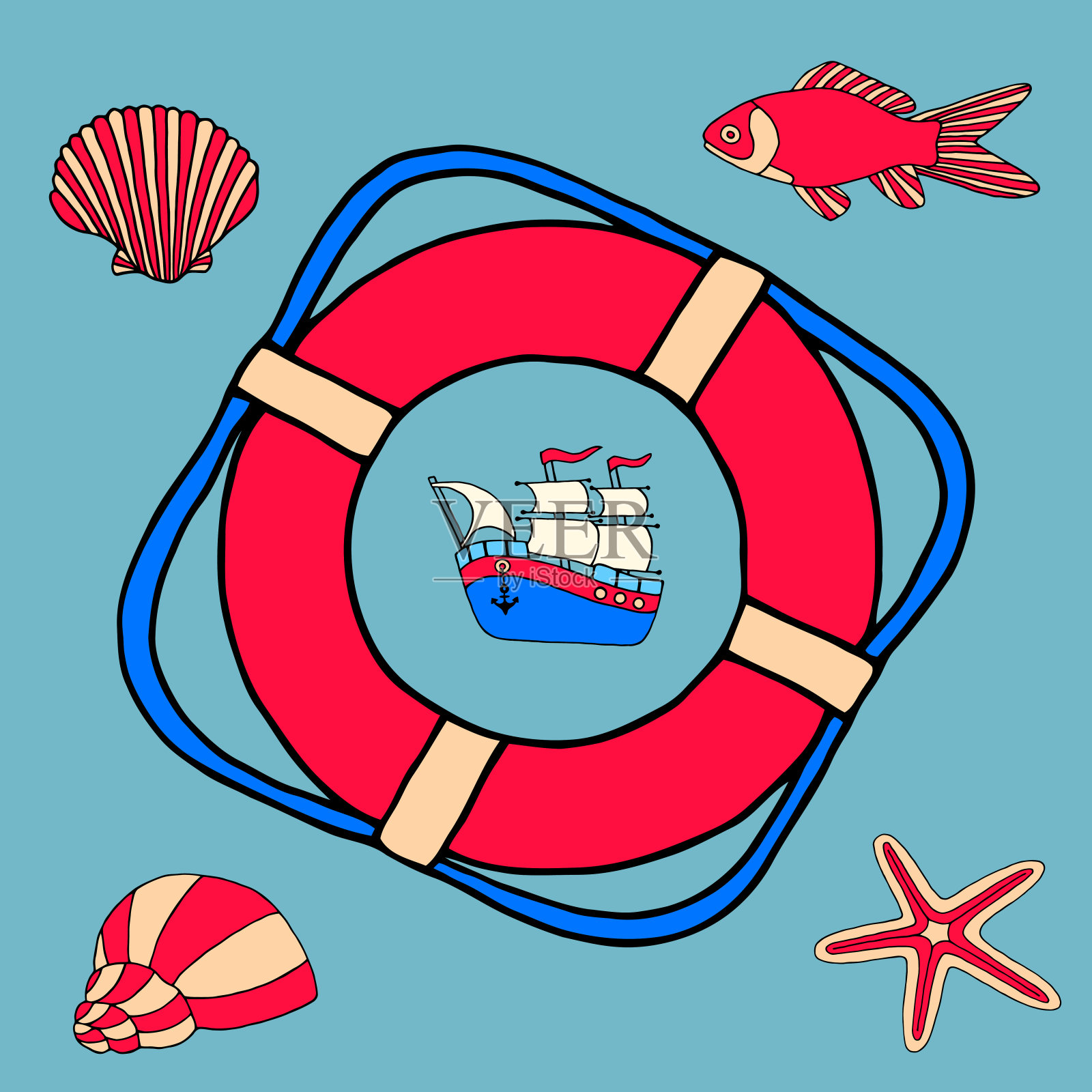 明亮的矢量插图上的海洋主题。插画图片素材