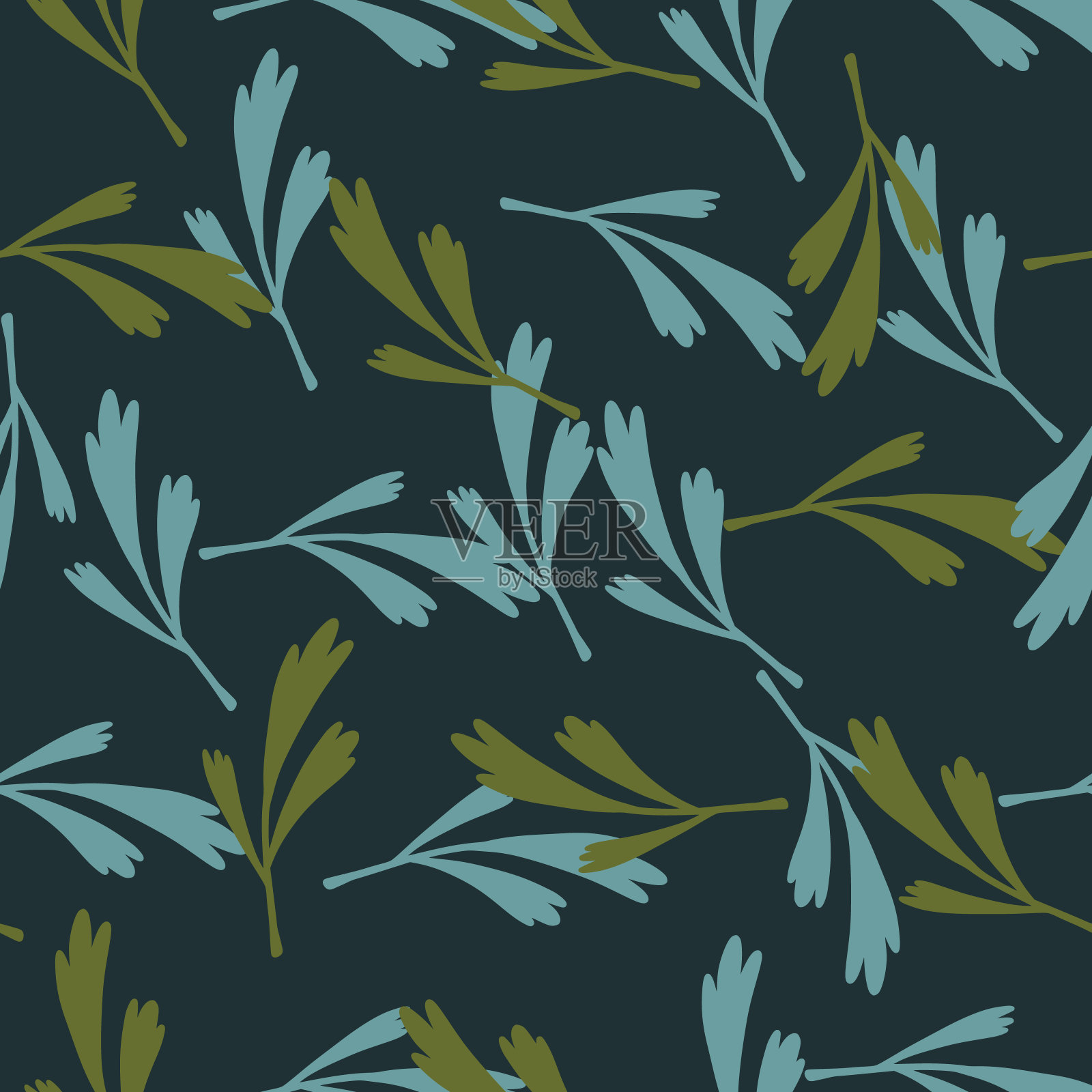 手绘抽象随机无缝图案与简单的叶子装饰。深蓝底色。插画图片素材